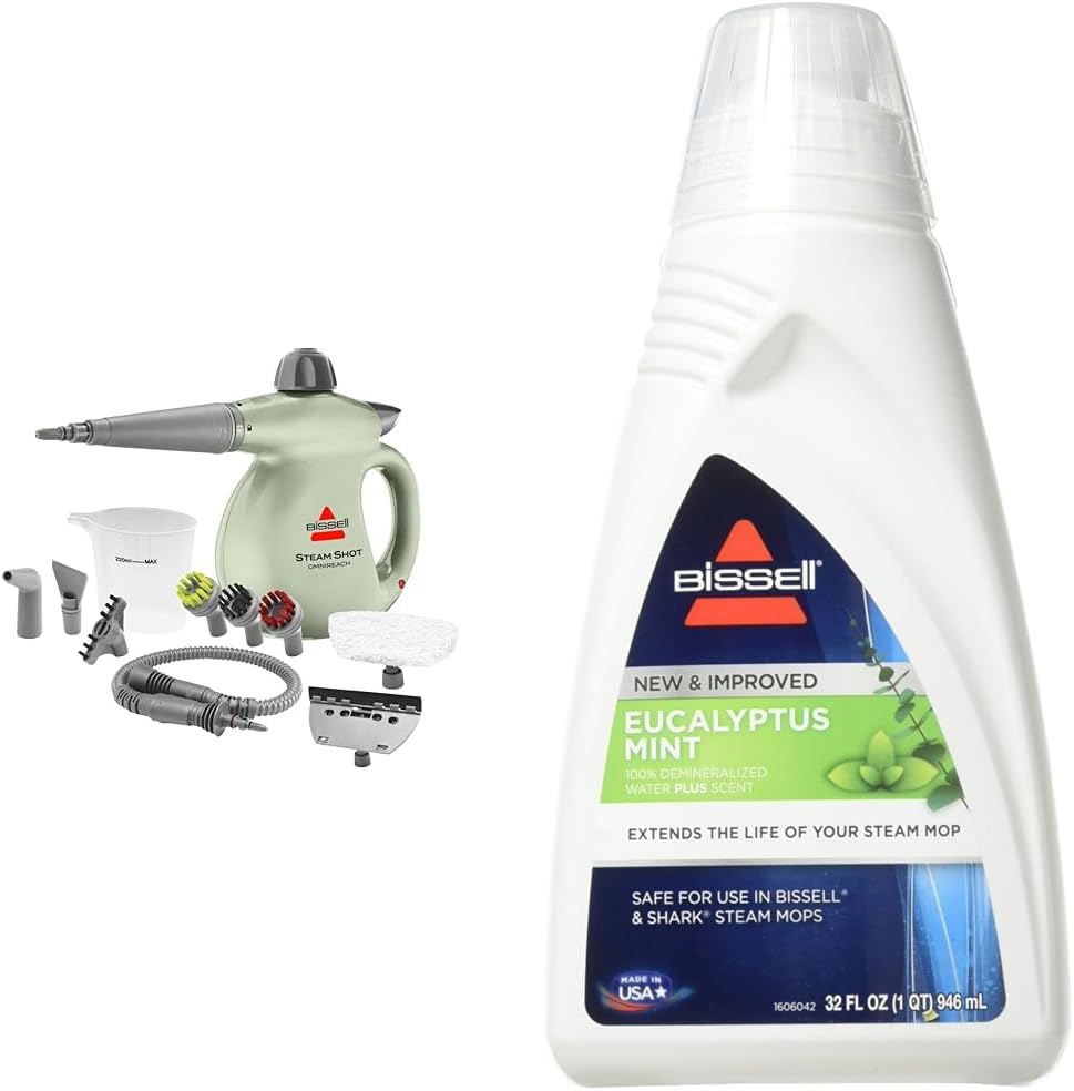 BISSELL® Steam Shot™ OmniReach Handheld Steam Cleaner, New 2024 Model + BISSELL EUCALYPTUS MINT DEMINERALIZED STEAM MOP WATER, Surface Type: Hard Floors; Sealed Wood Floors, 32 ounces, 1392, WHITE