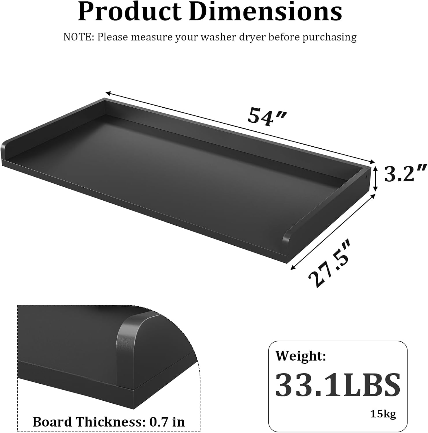 Washer Dryer Countertop, Countertop for Washer Dryer with Non-Slip Mat, Easy to Clean, Washer Dryer Wooden Countertop for Organization, 54″W x 27.5″D x 3.2″H Laundry Countertop(Black)