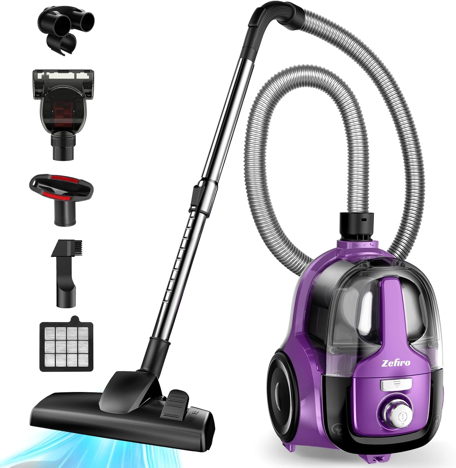 Zefiro Canister Vacuum Cleaner, Bagless Canister Vacuum for Home, Powerful Suction, Auto Cord Rewind, HEPA Filter, Corded Vacuum for Hard Floors, Carpet, Apartment/Rental Friendly(Purple&Gray)