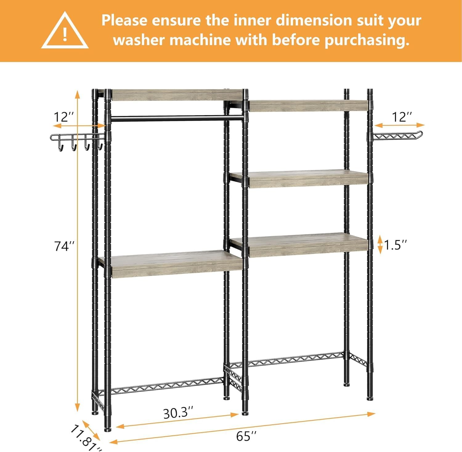 GarveeHome 5-Tier Over-The-Washer Storage Shelf - Adjustable Height Laundry Organizer with Double-Layer Wood Shelves, Space-Saving Design for Laundry Room (Gray, 30 in)