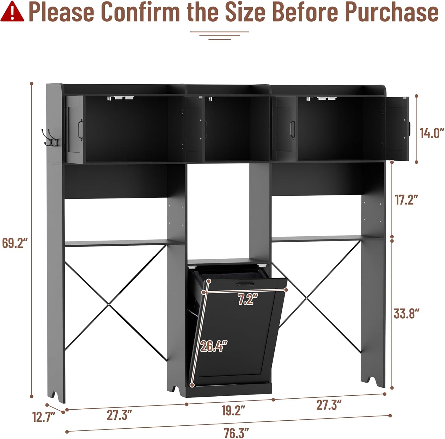 Over The Washer and Dryer Storage Cabinet, Laundry Room Organizer Standing Shelf with Tilt-Out Laundry Hamper Cabinet and Hooks, Space Saving Laundry Room Cabinets