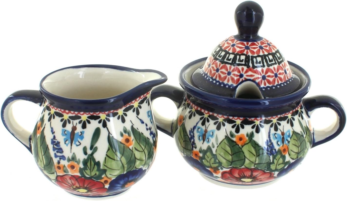 Blue Rose Polish Pottery - Red Floral Butterfly Cream & Sugar Set - 1 Cup Creamer - Hand-Painted Polish Pottery Ceramic Creamer & Sugar Bowl with Lid