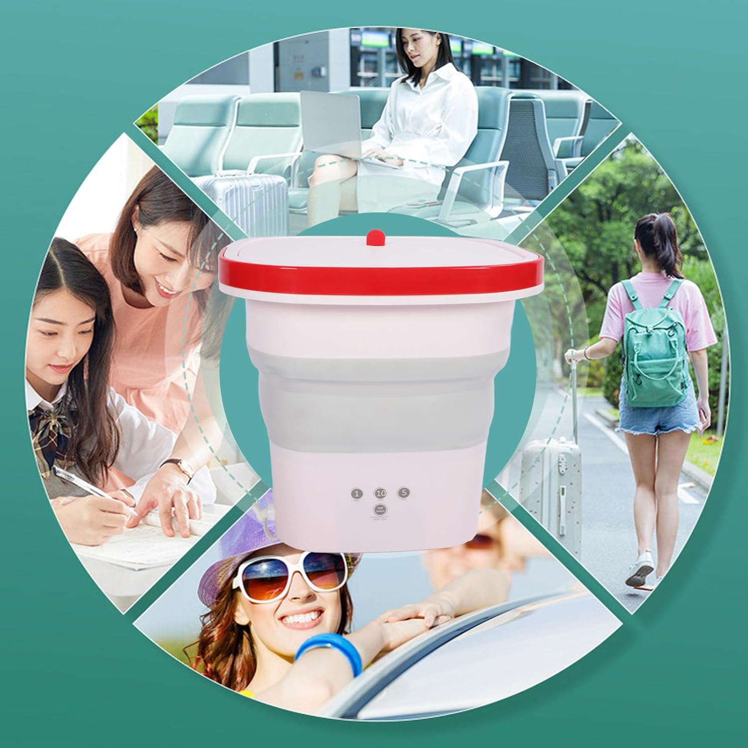 Portable Washing Machine 6L TPR Negative Ion Mini Laundry Bucket Washer with Powerful and Rinsing Functions, Foldable Design for RV Travel Apartment, Suitable for Socks, (Pink)