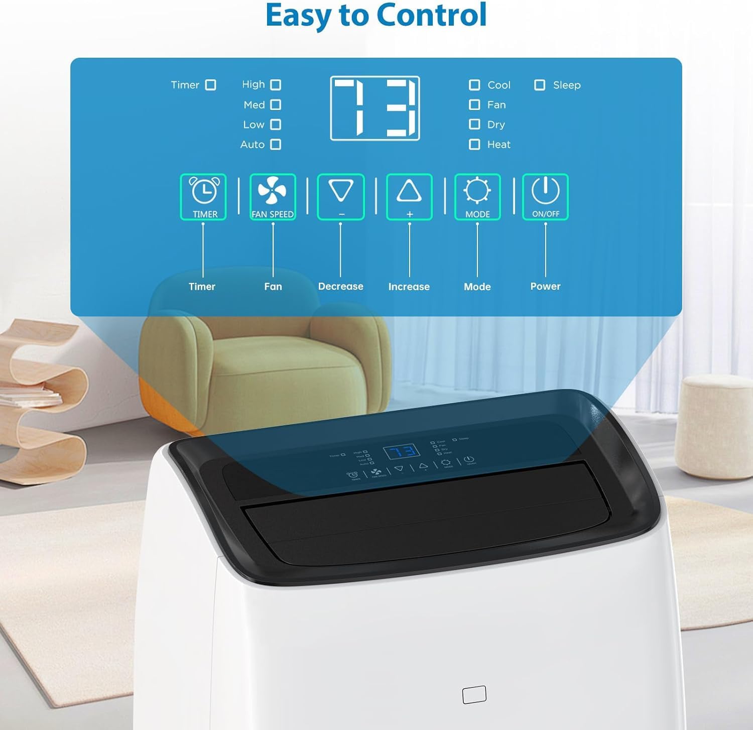 14000 BTU Inverter Portable Air Conditioner Heater and Dehumidifier for Large Rooms Up to 750 Sq Ft Ultra Quiet 42dB Dual Hose Design with Remote Control and 24H Timer