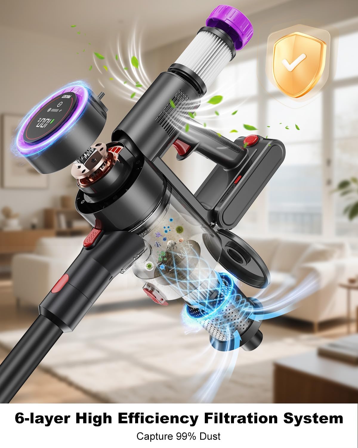 Cordless Vacuum Cleaner, Stick Vacuum Foldable Rechargeable, Powerful Suction Lightweight Vacuum Cleaners for Home,Anti-Tangle,Self Standing for Pet Hair Hardwood Floor Carpet