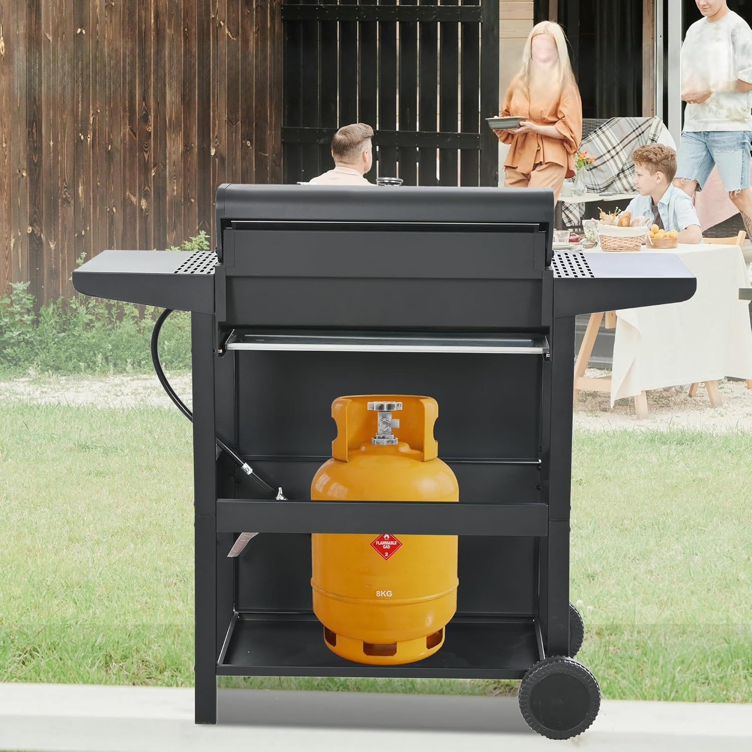 Propane Gas Grill 4 Burner, 34,000 BTU Outdoor BBQ Grill with Stainless Steel Burners & Two Side Shelves, Patio Garden Barbecue Grill with Wheels, Thermometer, and Bottle Opener