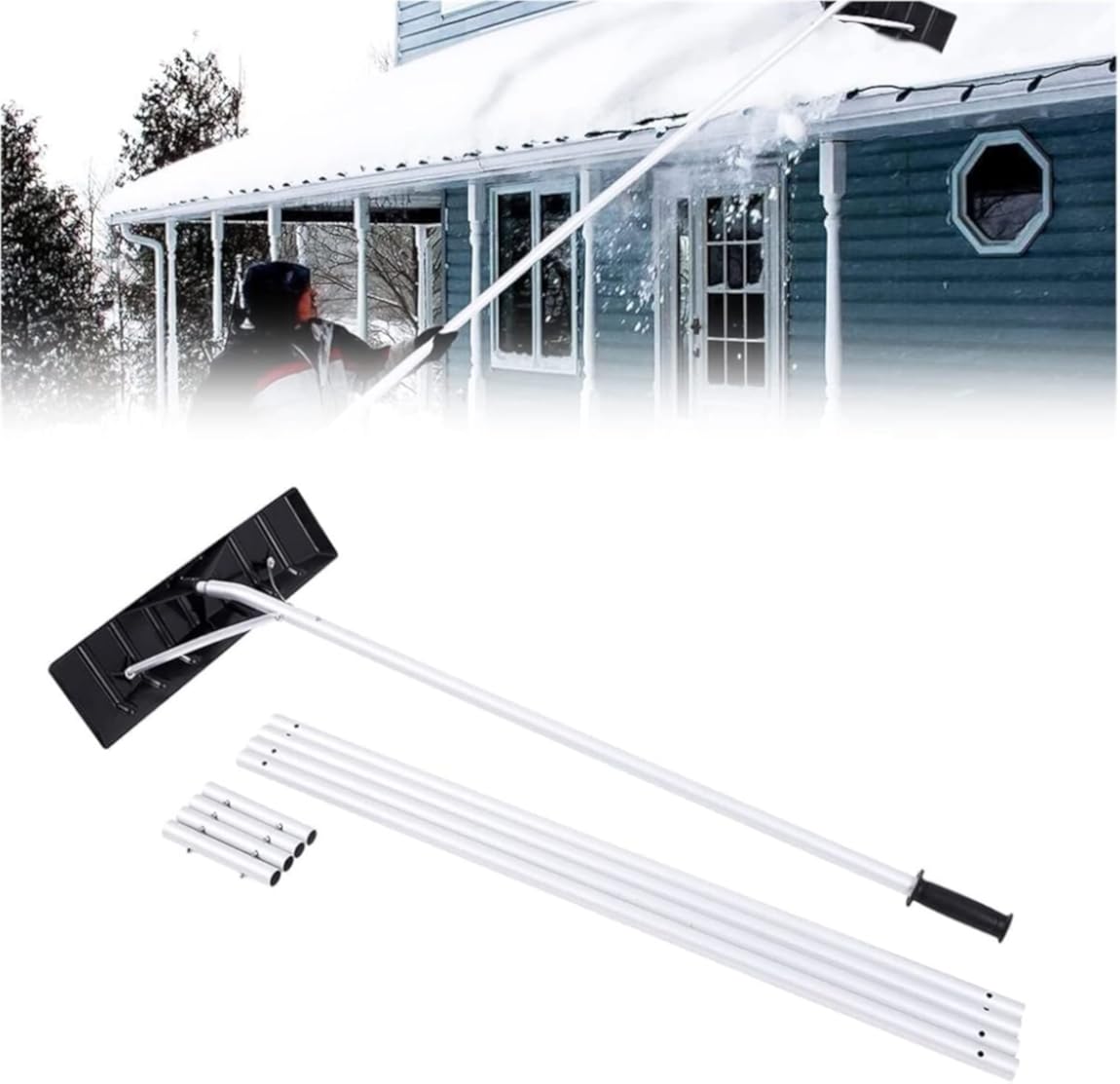 Snow Rake Lightweight Roof Rake Snow Remover, 5-20ft Large Blade Adjustable Telescoping Anti-Skid Handle, Outdoor Cleaning Tools