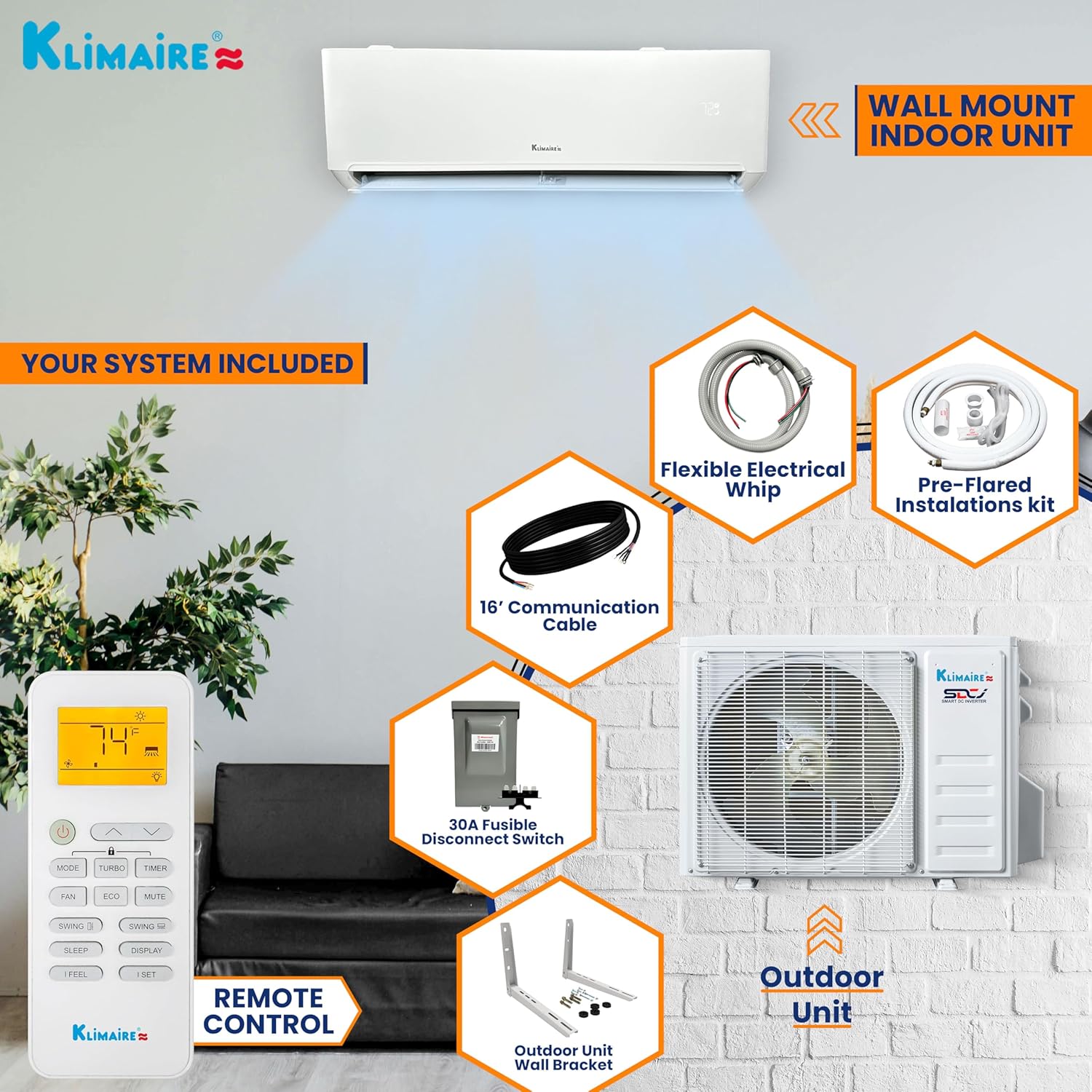 Klimaire 12,000 BTU 22 SEER2 Wall Mounted Ductless Mini Split Inverter A/C Heat Pump System w/ 16’ Installation Kit & Wall Mounting Bracket 115V