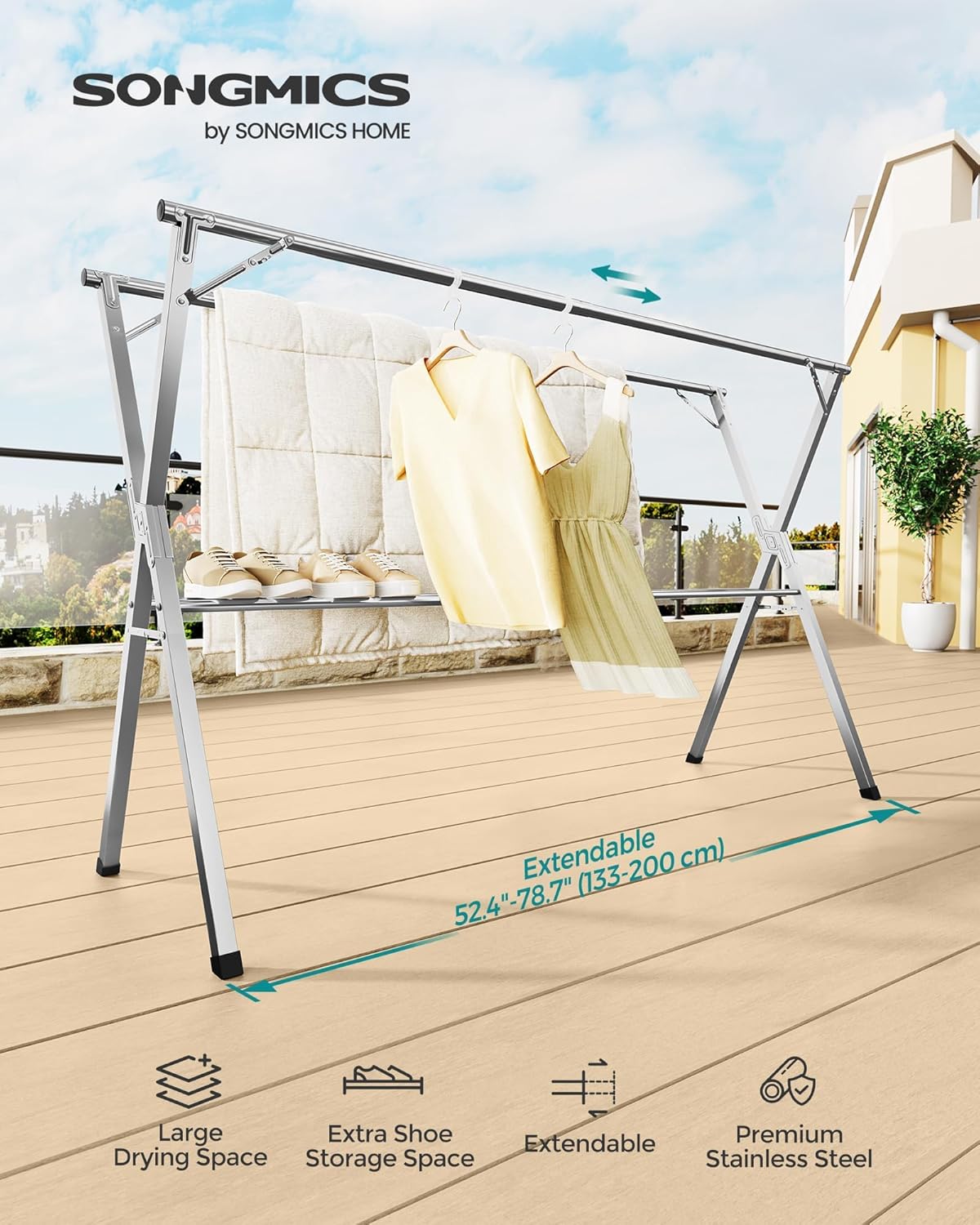 SONGMICS Clothes Drying Rack, Heavy-Duty Laundry Drying Rack, 52.4-78.7 Inches Extendable, Foldable Freestanding Airer, Stainless Steel, for Indoor Outdoor Use, Dove Gray ULLR902E01