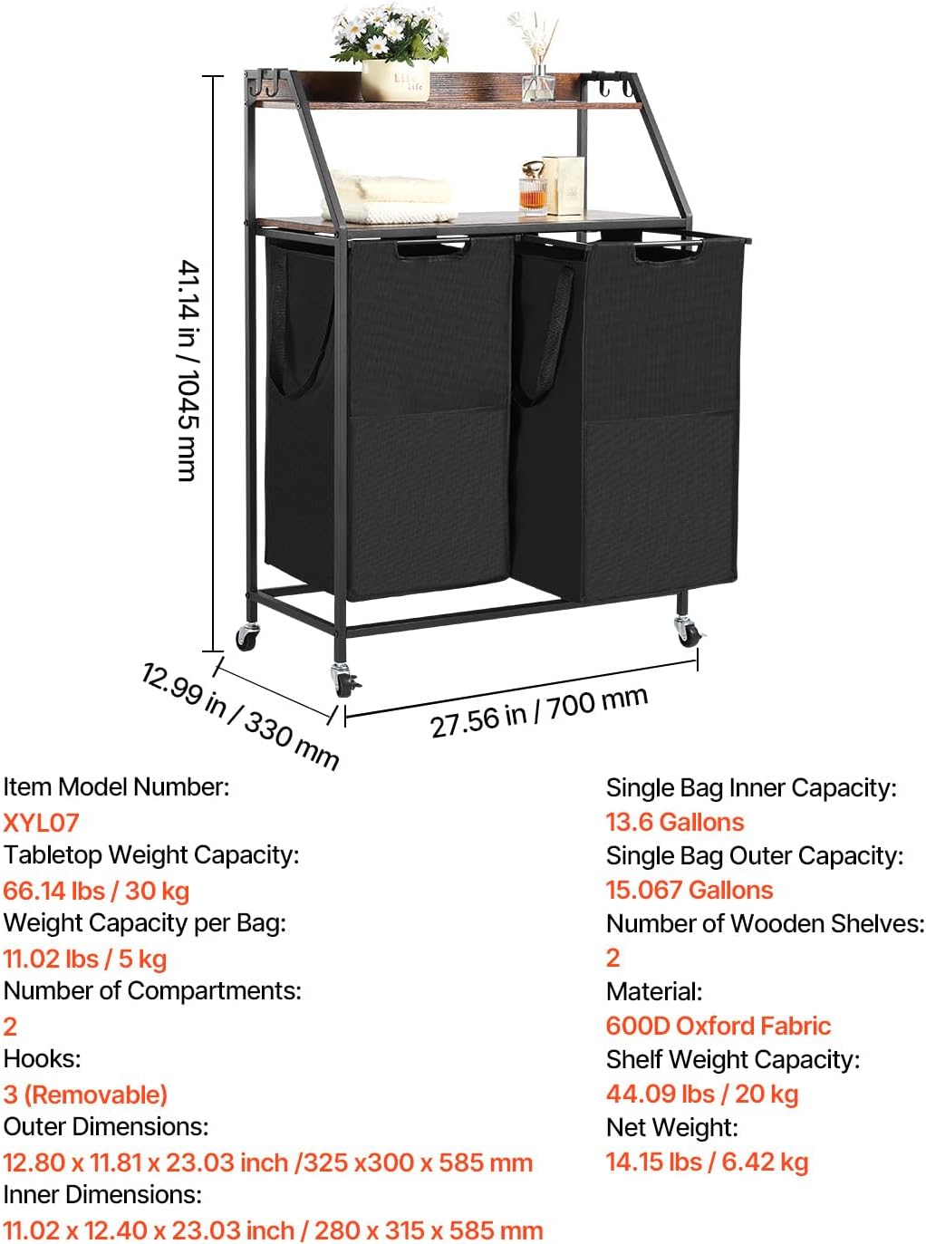 VEVOR 2 Tiers Laundry Sorter, Tall Laundry Hamper with Metal Frame and Wooden Tabletop, 2 Section Rolling Basket Organizer Storage with Ladder Shelves and 600D Oxford Cloth Bags for Dirty Clothes