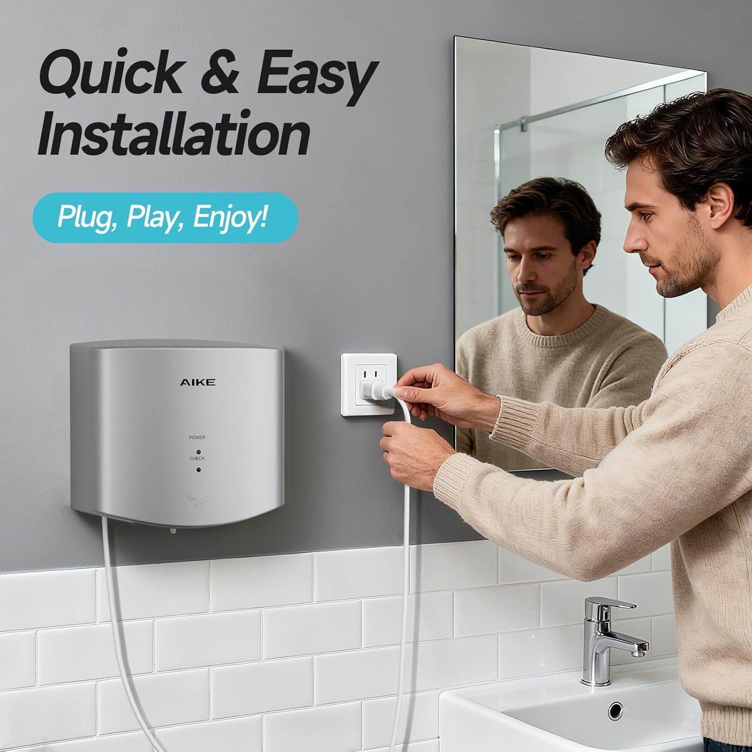 AIKE Air Wiper Compact Hand Dryer 110V 1400W Silver (with 2 Pin Plug) Model AK2630S