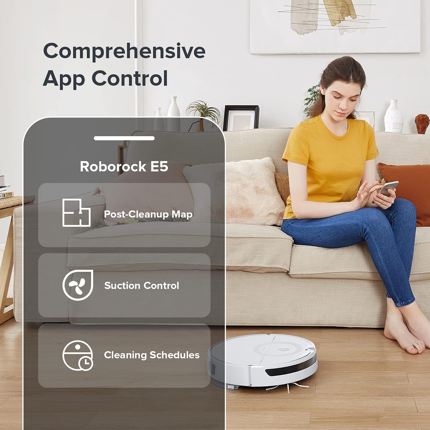 roborock E5 Mop Robot Vacuum Cleaner, 2500Pa Strong Suction, Wi-Fi Connected, APP Control, Compatible with Alexa, Ideal for Pet Hair, Carpets, Hard Floors (White)