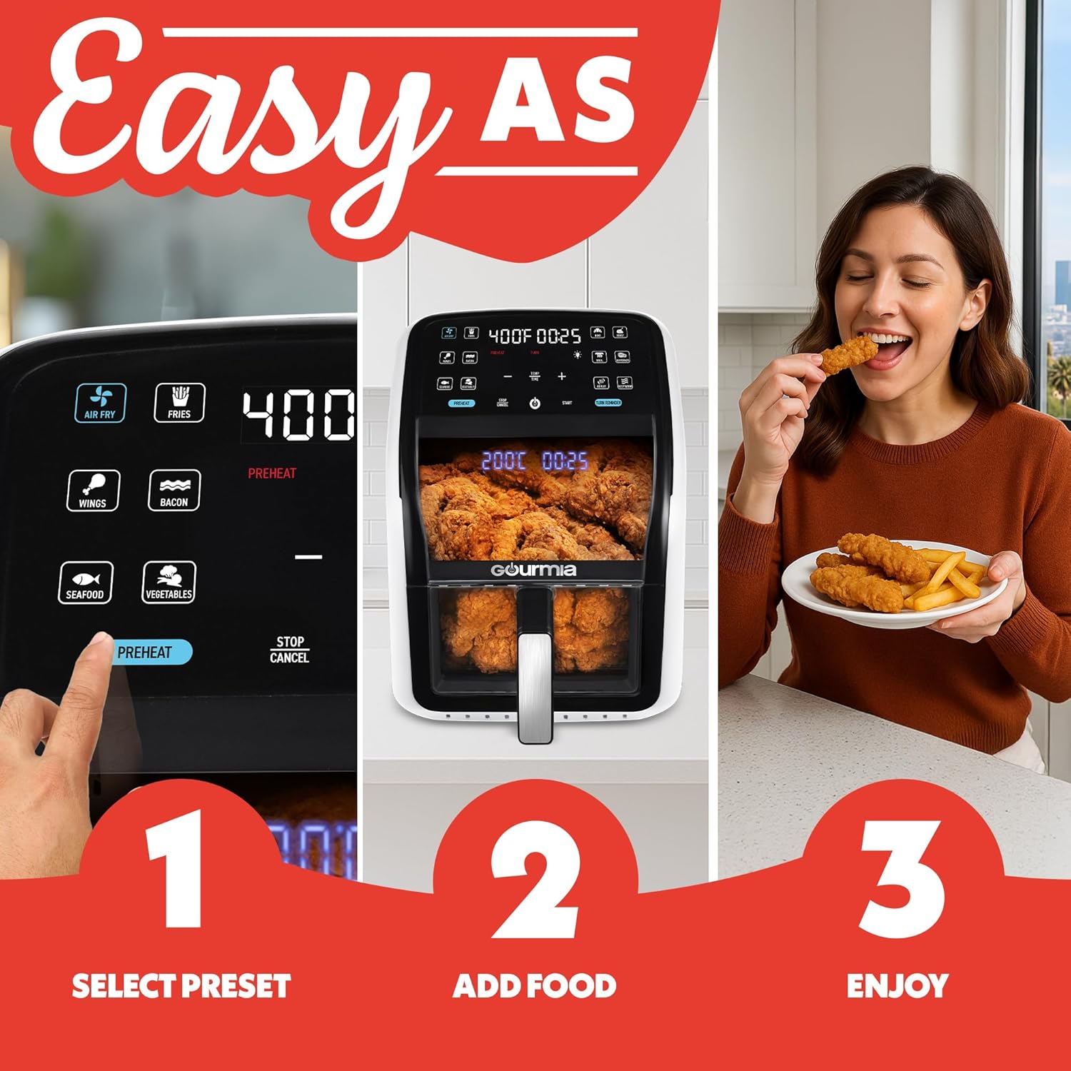 Gourmia Air Fryer 7 QT - Easy View Panoramic Window & Interior Light, Guided Cooking with 12 One-Touch Presets, FryForce 360, Dishwasher Safe Accessories, White