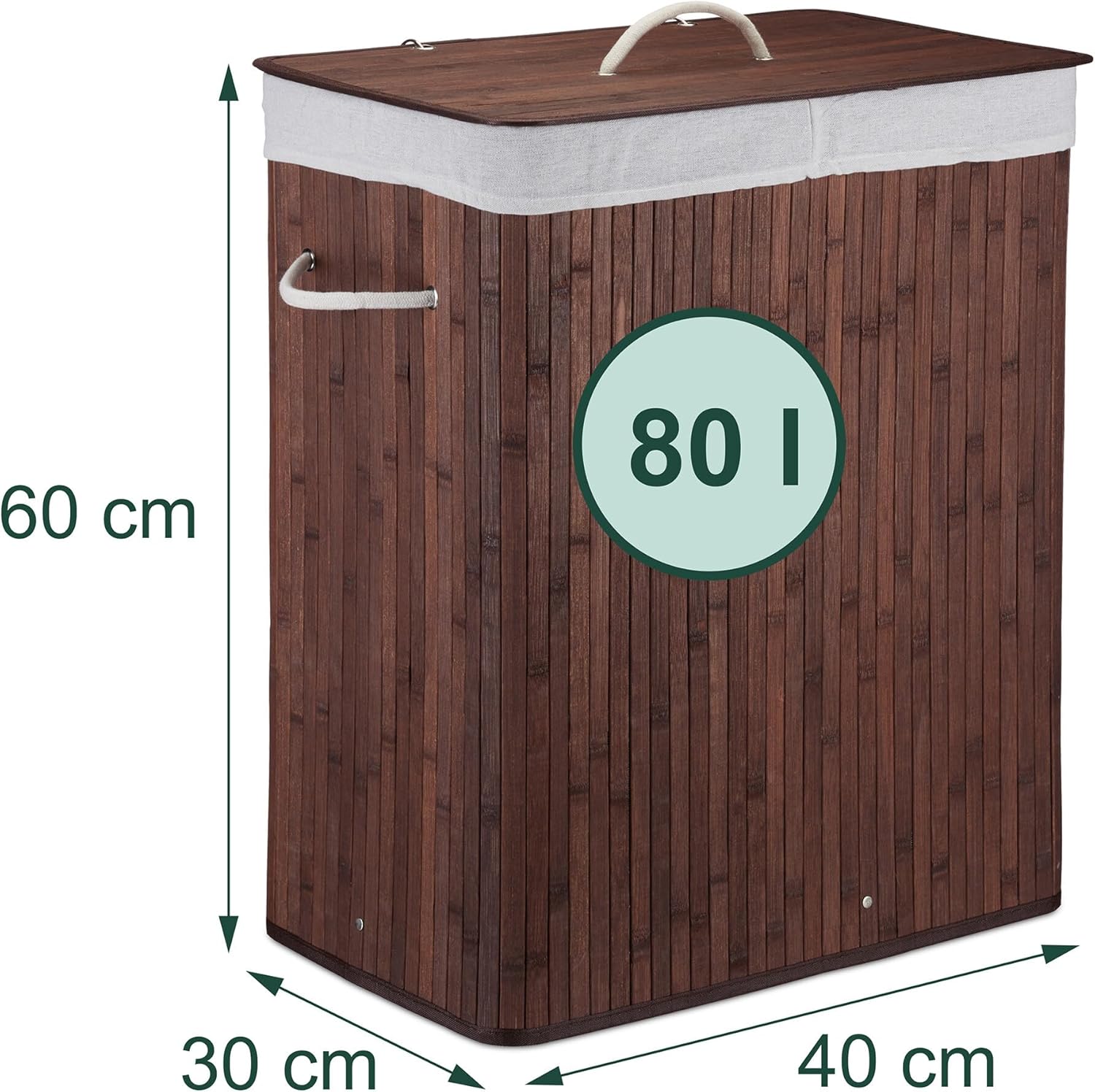 Relaxdays Laundry Basket with Lid, Bamboo, 80 L, Foldable Laundry Hamper, 60 x 40 x 30 cm, Laundry Basket, Dark Brown