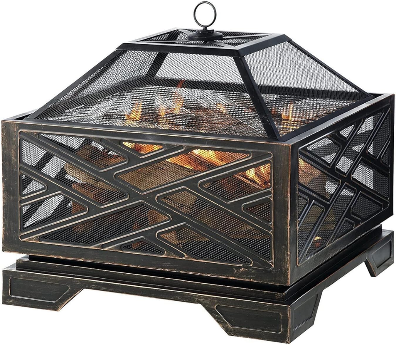26 Inch Outdoor Fire Pit Iron Square Wood Burning Fireplace Backyard Firepit for Patio BBQ Camping Bonfire with Mesh Cover Grills Poker Bronze