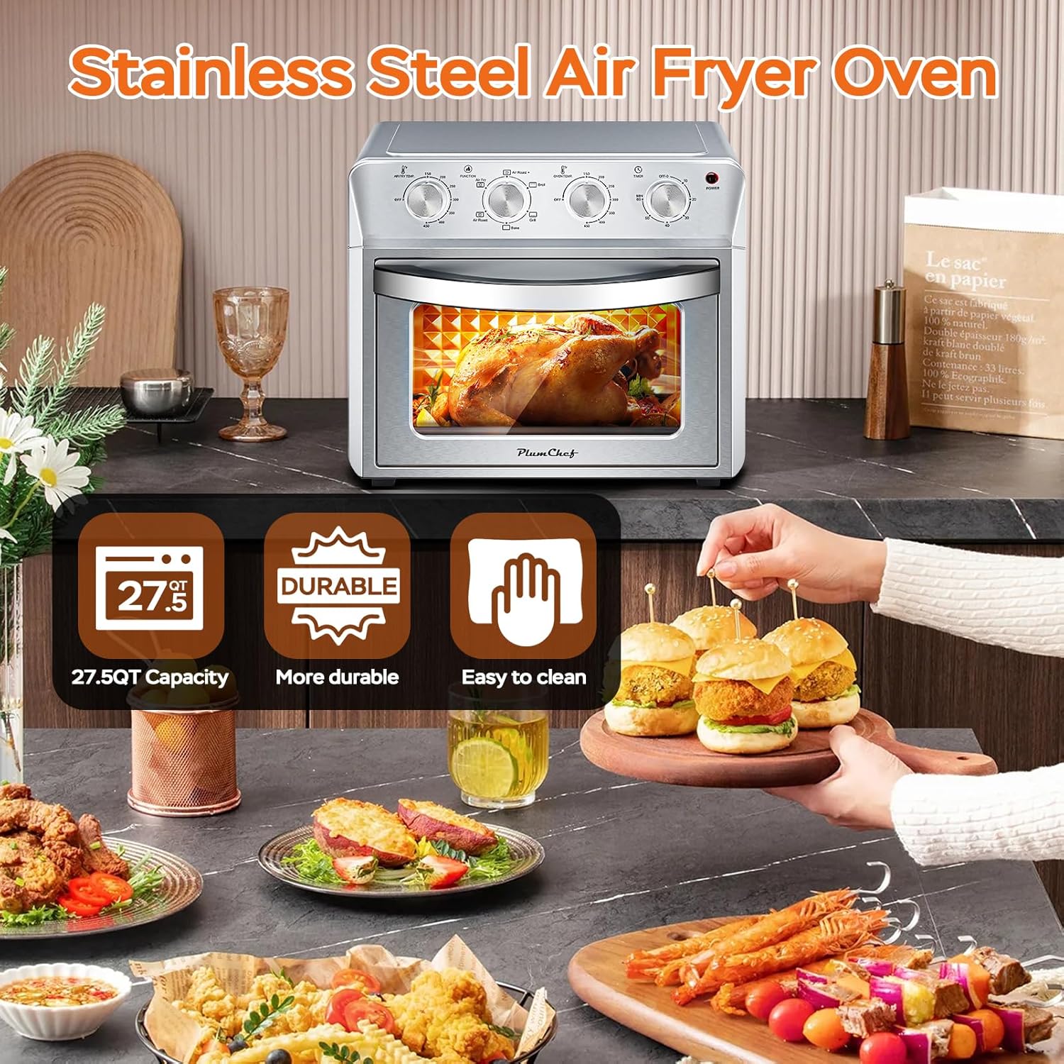 27.5QT 6-in-1 Air Fryer Toaster Oven Dropdown-Door 6-Slice Countertop Convection Oven for Air Frying, Baking, Roasting, Broiling & Grilling, 1700W, Sliver