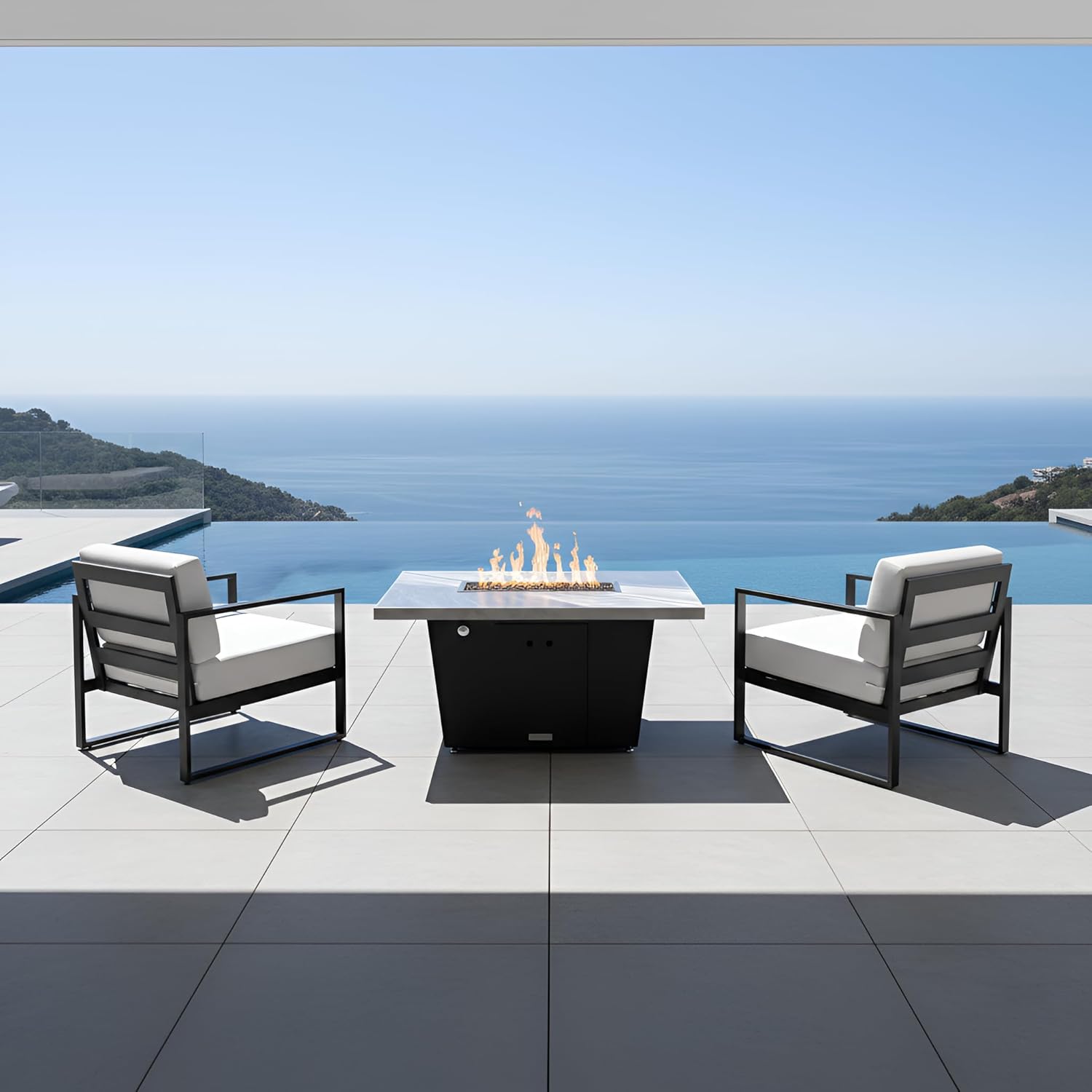 COOKE Palisades Rectangular Fire Pit Table - 44x36 - Chat Height - Propane - Brushed Aluminum Top with 3cm Edge - Black Powdercoat Base