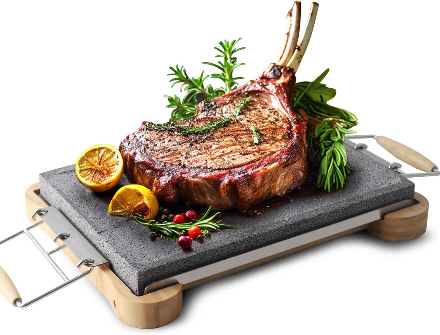 Extra-Large Lava Steak Stone Grill Set with Bamboo Base & Heat-Resistant Handles - 15.75