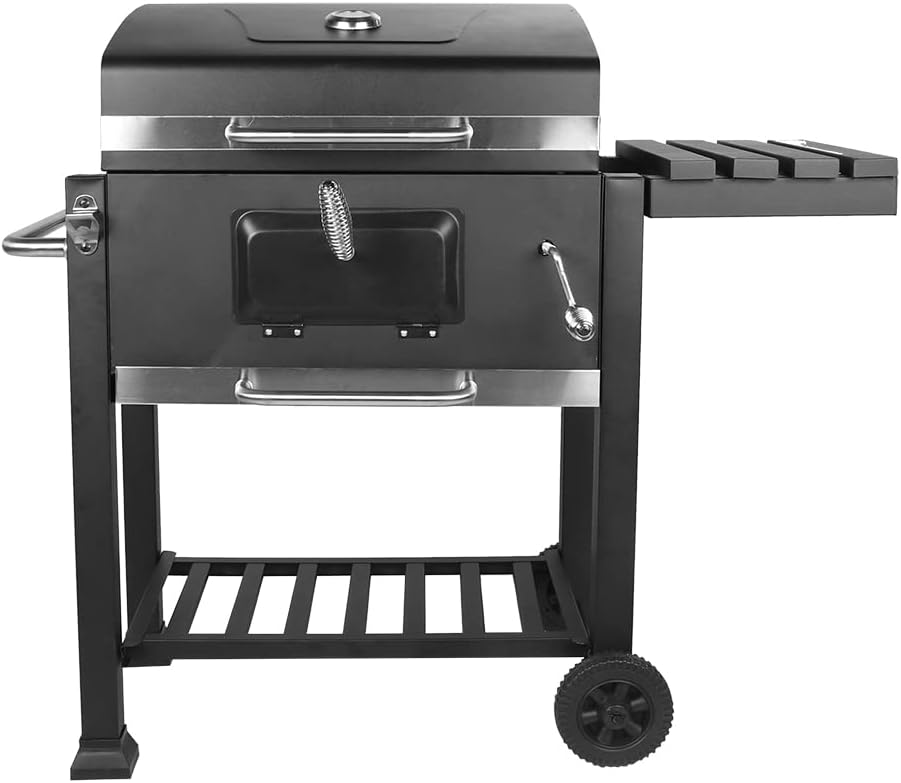 Grill Outdoor Barbecue Grill - Portable Square Shape Barbecue Grill Charcoal Grill with Thermometer for Camping Outdoor, Black