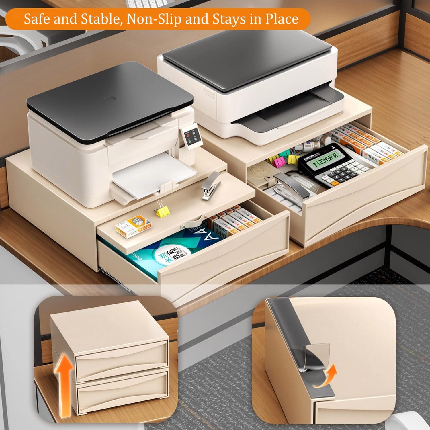 Sliding Countertop Tray with Drawer, Carbon Steel Organizer Shelf, Kitchen Microwave Oven Pull Out Organizers, 18.9 x 15.8 x 5.7in, Milky White (Tray and Drawer)