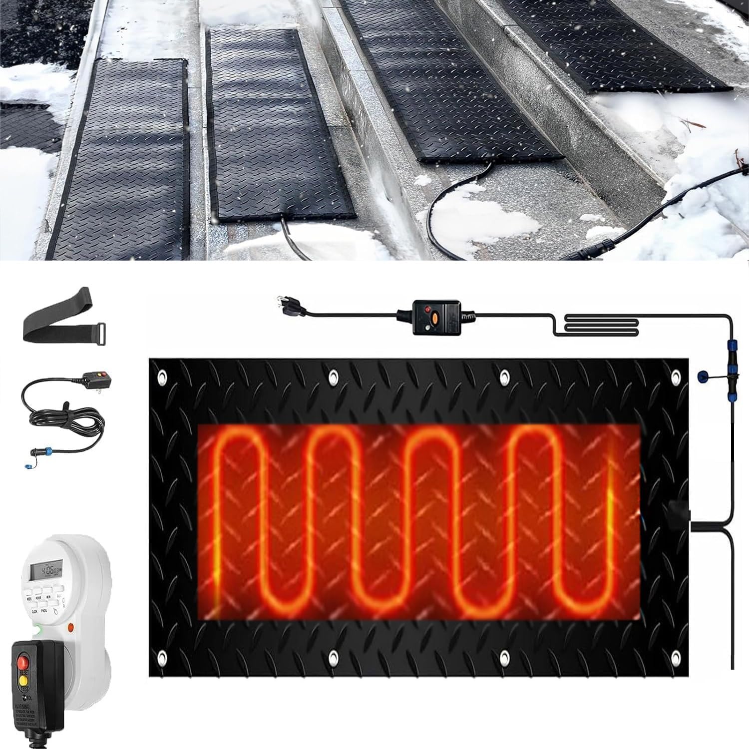 Heated Snow Melting Mats with Timer for Stairs,1/2/3/4/5 Pcs Heated Snow Melting Mats for Entrances,Heated Snow Melting Mats Driveway,Heated Outdoor Mats,Electric Snow Melting Mats(1 Pcs,12x36