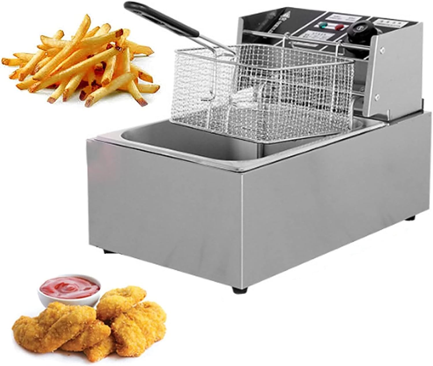 Stainless Fat Fryer 6L 12L Commercial Deep Fryer Single Ouble Cylinder Electric Fryer Non-Slip Easy to Clean Adjustable Temperature Control Fryer, Indicator Lights, Viewing Window, Non Slip Feet,81