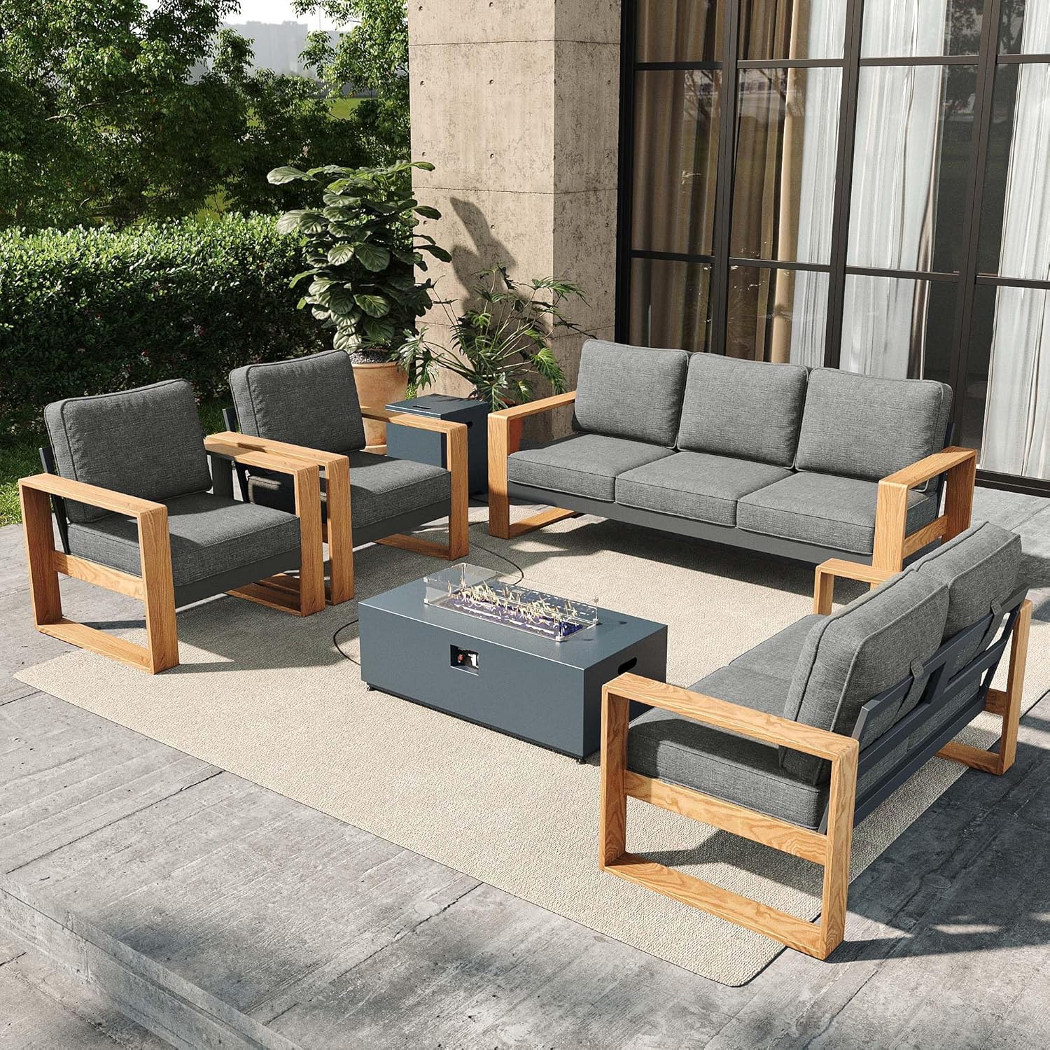 5 Pieces Aluminum Patio Furniture Set, Outdoor Conversation Sets with High Backrest Sofa and Fire Pit Table for Garden and Backyard