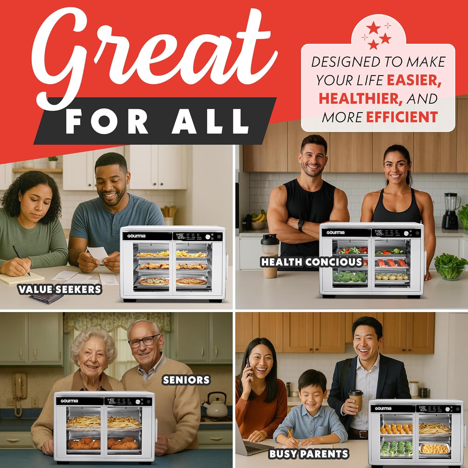 Gourmia French Door Air Fryer Oven - 37 Qt Large Capacity Convection Toaster Oven, FryForce 360°, Digital Display, 12 Cooking Presets, Dehydrate, Fits 13” Pizza, Dishwasher-Safe, White