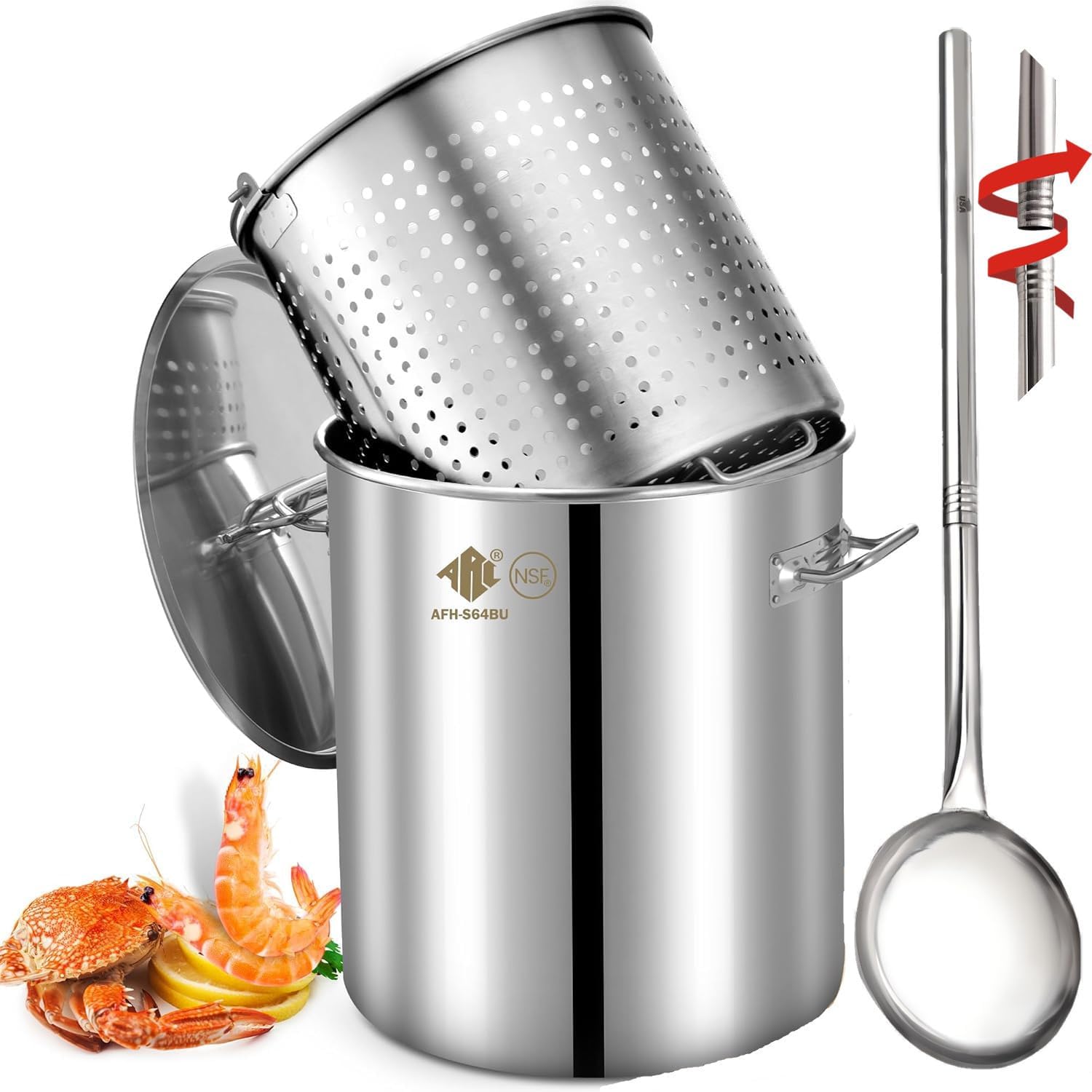 ARC 84-Quart Stainless Steel Seafood Boil Pot with Basket and 48 inch Large Spoon,Crawfish, Crab, Lobster, Shrimp Boil Stockpot with Strainer,Turkey Fryer Pot,21 Gallon (48'' Spoon, 84 QT)