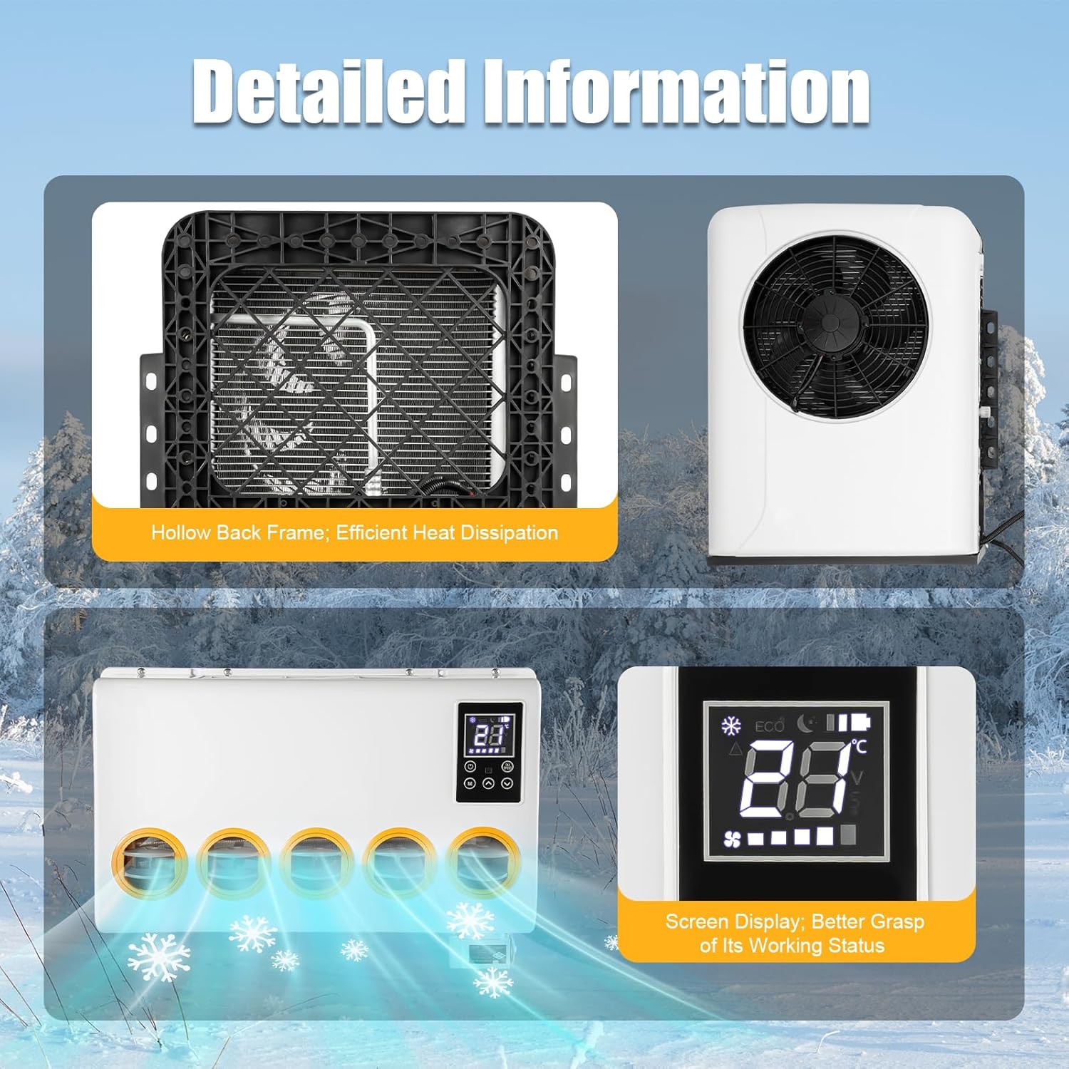 12V Universal Truck Parking Air Conditioner Unit DC Fast Cooling,Truck Air Conditioner Camper A/C Unit 6 Hours Using 6800 BTU For RV,Truck,Farm Car,Van,Excavator,Bus,Car,Pickup,Etc