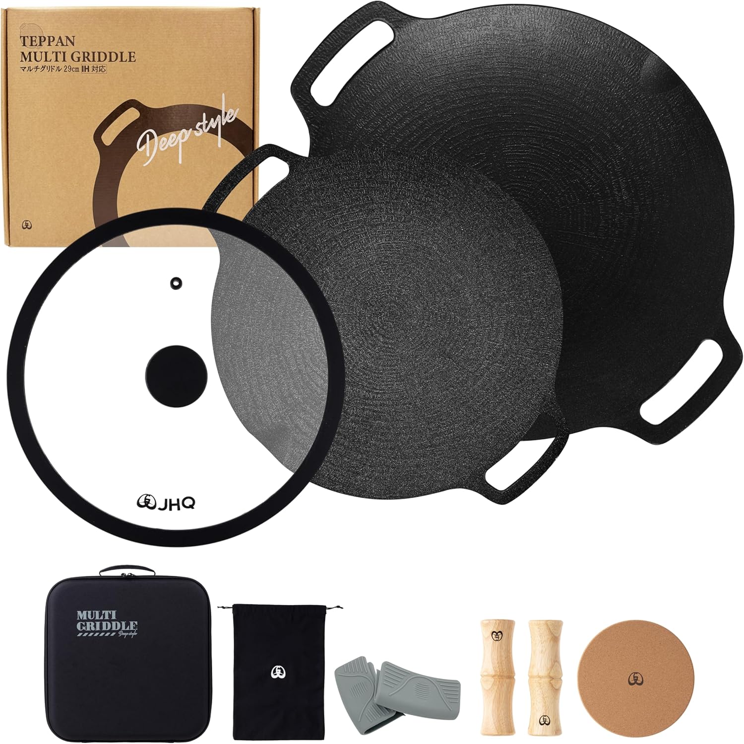 Honke JHQ Multi-Griddle Iron Plate, Deep 11.4 inches (29 cm), Flat 9.8 inches (25 cm), Set of 2 Main Units (Storage Hard Case, Wooden Grip, Cork, Storage Case, Gray Mittens) + Lid, Genuine Product