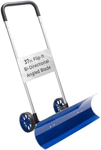 Idzo Efficient Snow Pusher, Snow Plow Shovel with 37-Inch Reversible and Bi-Directional Angled Blade, Snow Shovel with Wheels & Convenient 90 Degree Handle for Driveways, Sidewalks, Ice Hockey Rinks