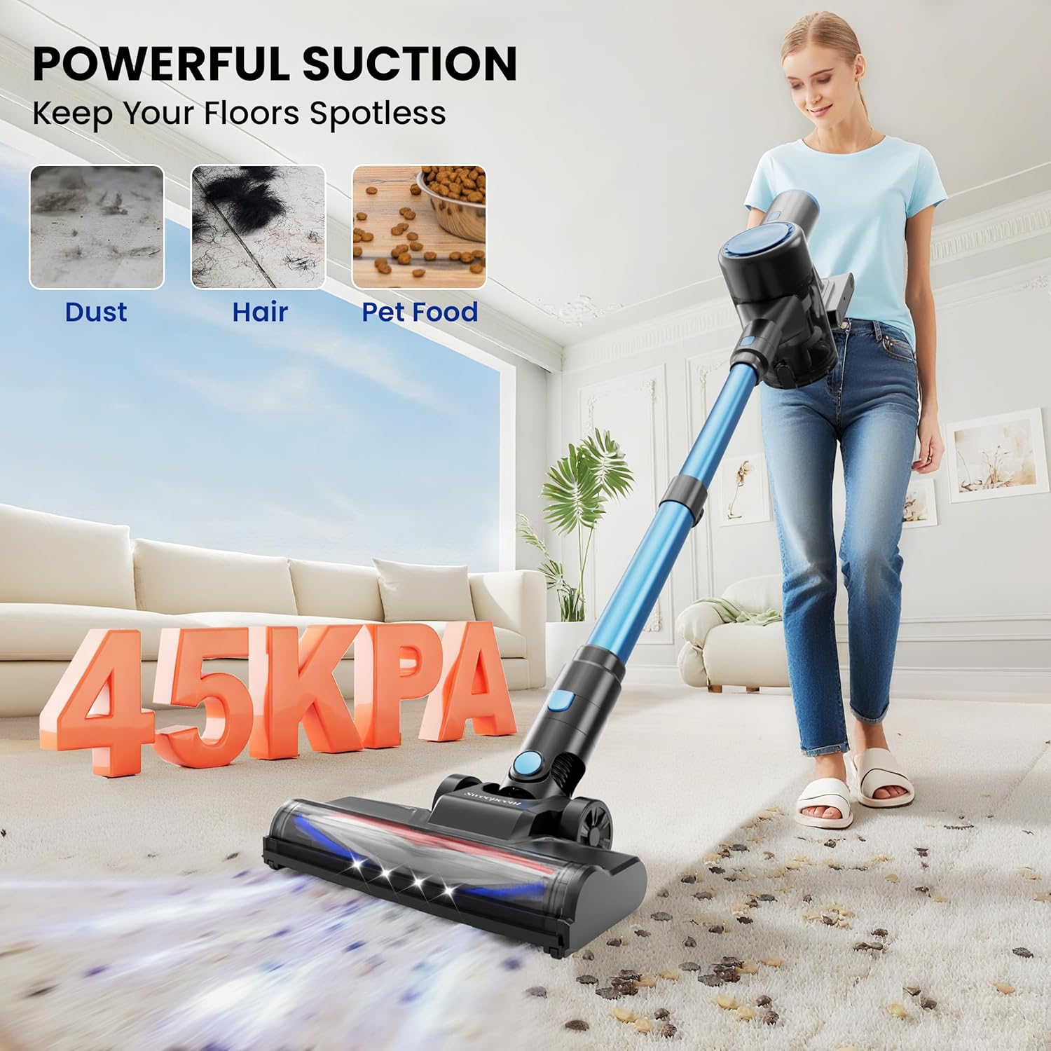 Cordless Vacuum Cleaner, 44kPa 55Mins Vacuum Cordless Rechargeable, Self-Standing, 1.5L Dust Cup Stick Vacuum for Hard Floors Carpet Pet Hair