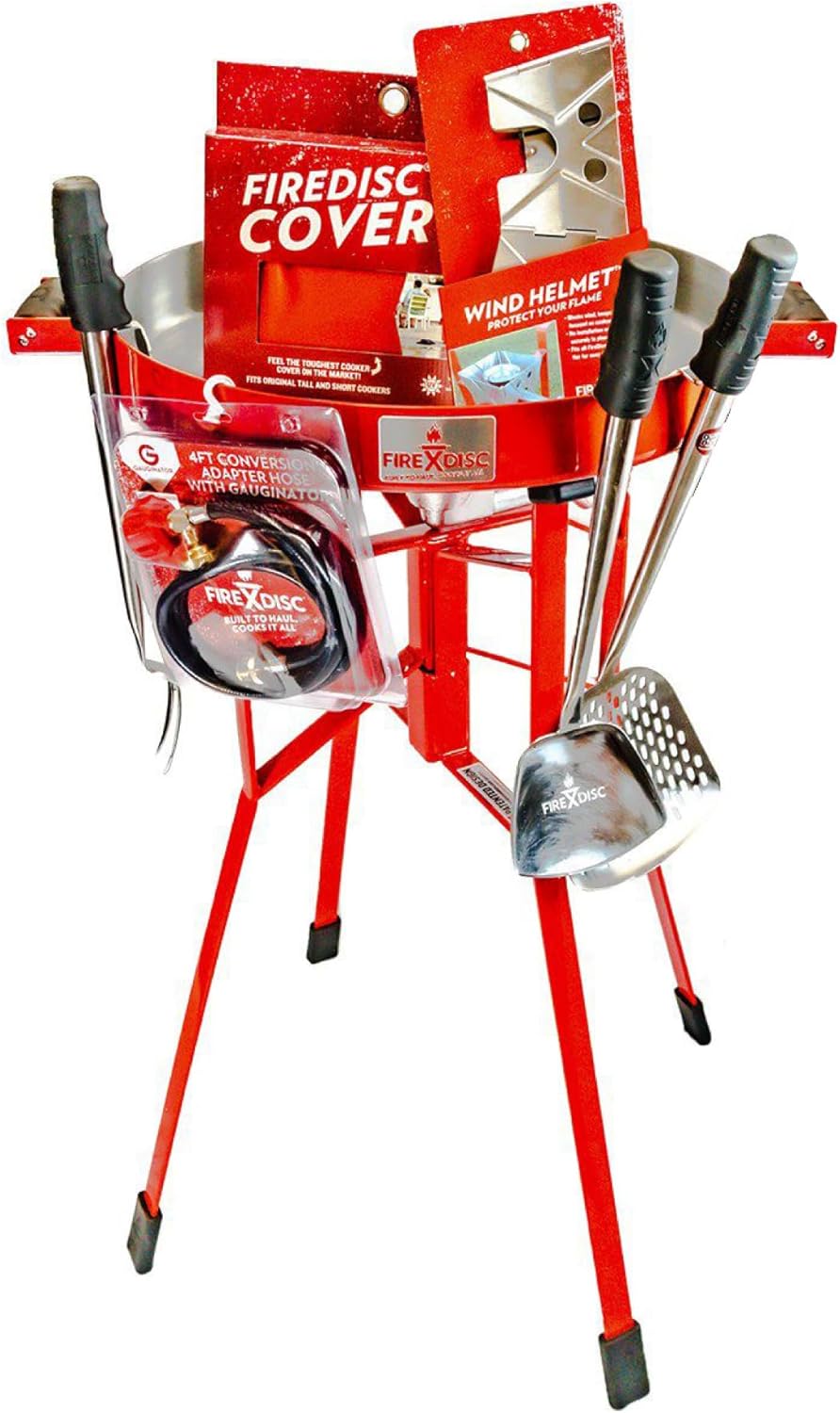 FIREDISC BACKYARD BUNDLE Outdoor Portable Propane Cooker in Fireman Red BUNDLE with Scoop Spatula, Slotted Spatula, Tongs, Grill Fork, Cover Lid, Wind Helmet, and LP Conversion Hose TCGFD22HRR-FBM