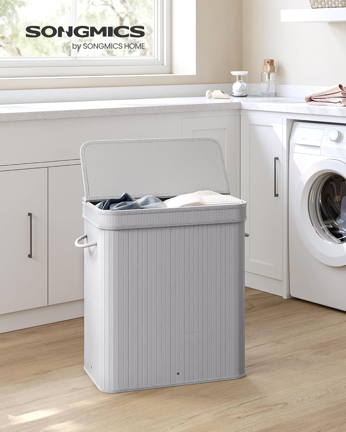 SONGMICS Laundry Hamper with Lid, Bamboo Laundry Basket, Removable Machine Washable Laundry Basket, with Handles, 26.4-Gallons, for Laundry Room, Bedroom, Bathroom, Dove Gray ULCB063G01