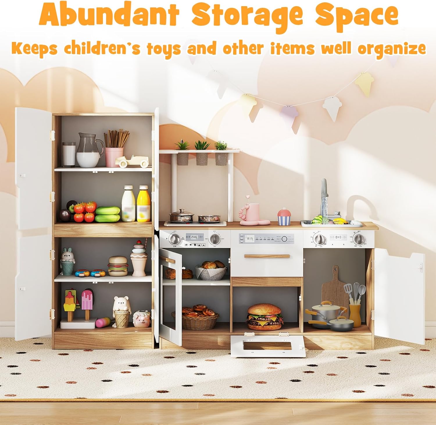 Costzon Kids Kitchen Playset, 2 Piece Wooden Modular Toy Play Set w/Running Water, Sound & Light, Fridge, Dishwasher, Microwave, Oven, Pretend Play Kitchen for Kids Ages 3+ (Natural + White)