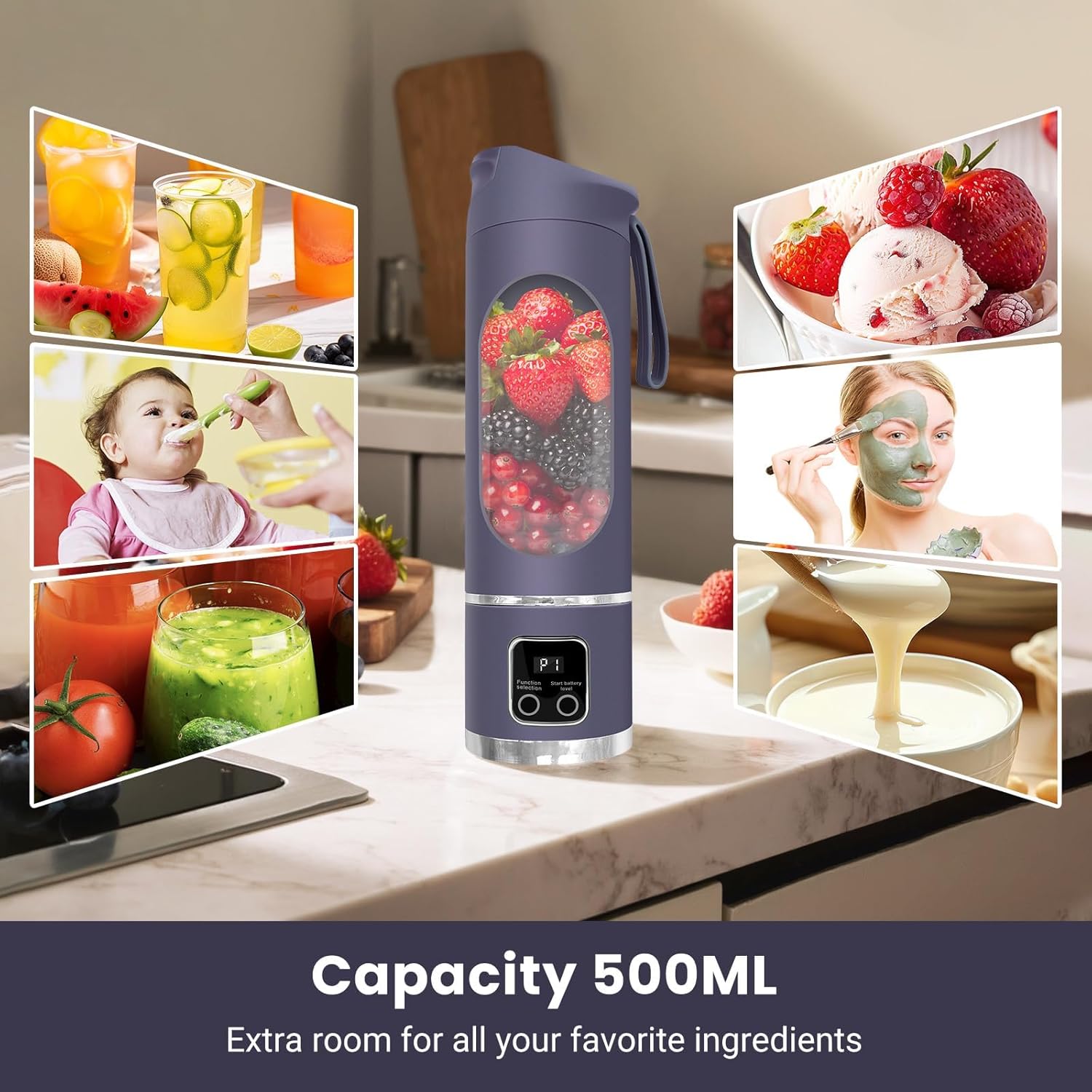 Portable Personal Electric Blender，500ML Portable Shakes and Smoothies Blender，12 Blades USB Rechargeable Small Blenders、Mixing、Compact、Convenient and Versatile(Purple)