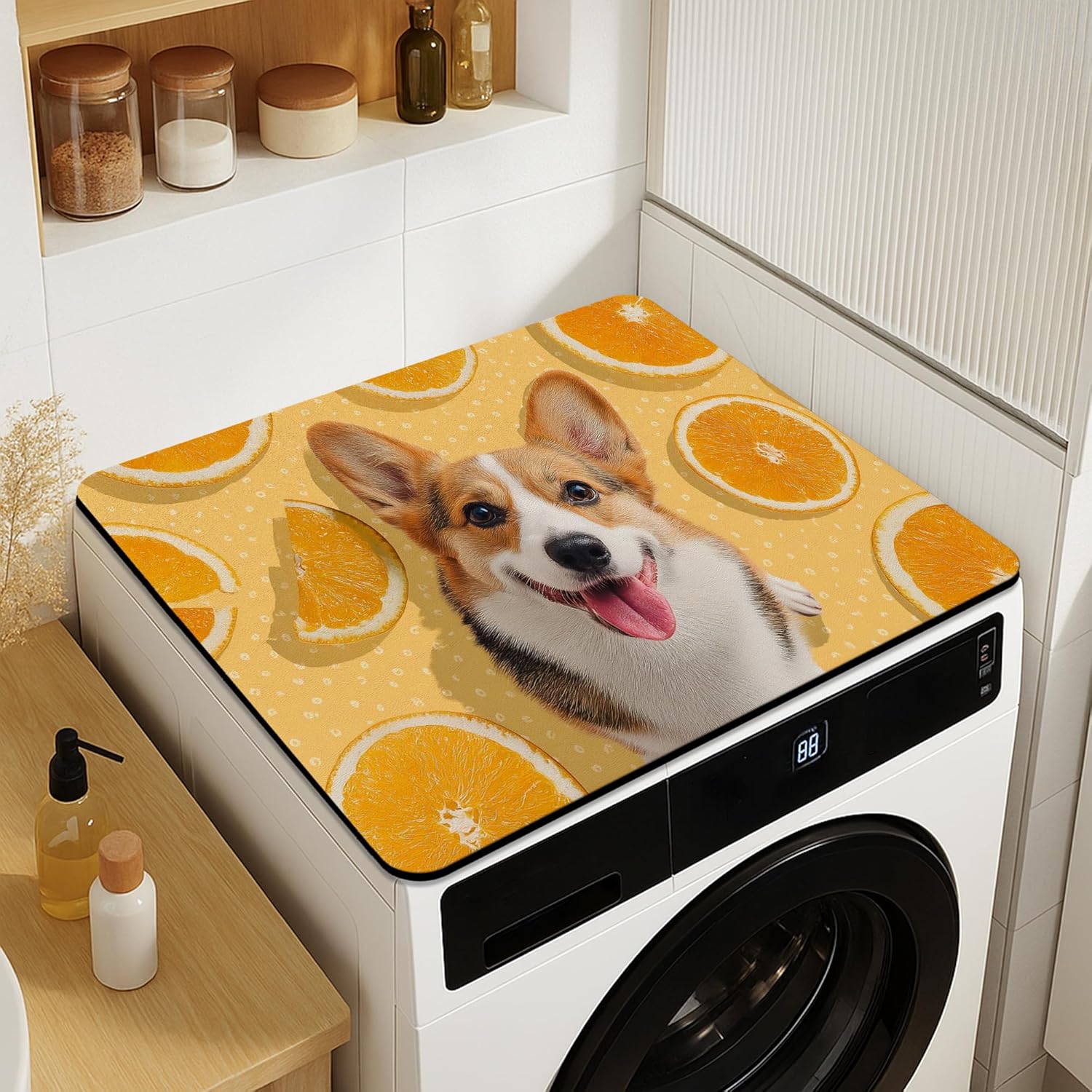 Corgi Washer Dryer Top Protector Mat, Dog Patterned Laundry Machine Dust Covers, Fun and Fanciful Rubber Anti-slip Waterproof Washer And Dryer Mats for Laundry Room 20x24 Inch