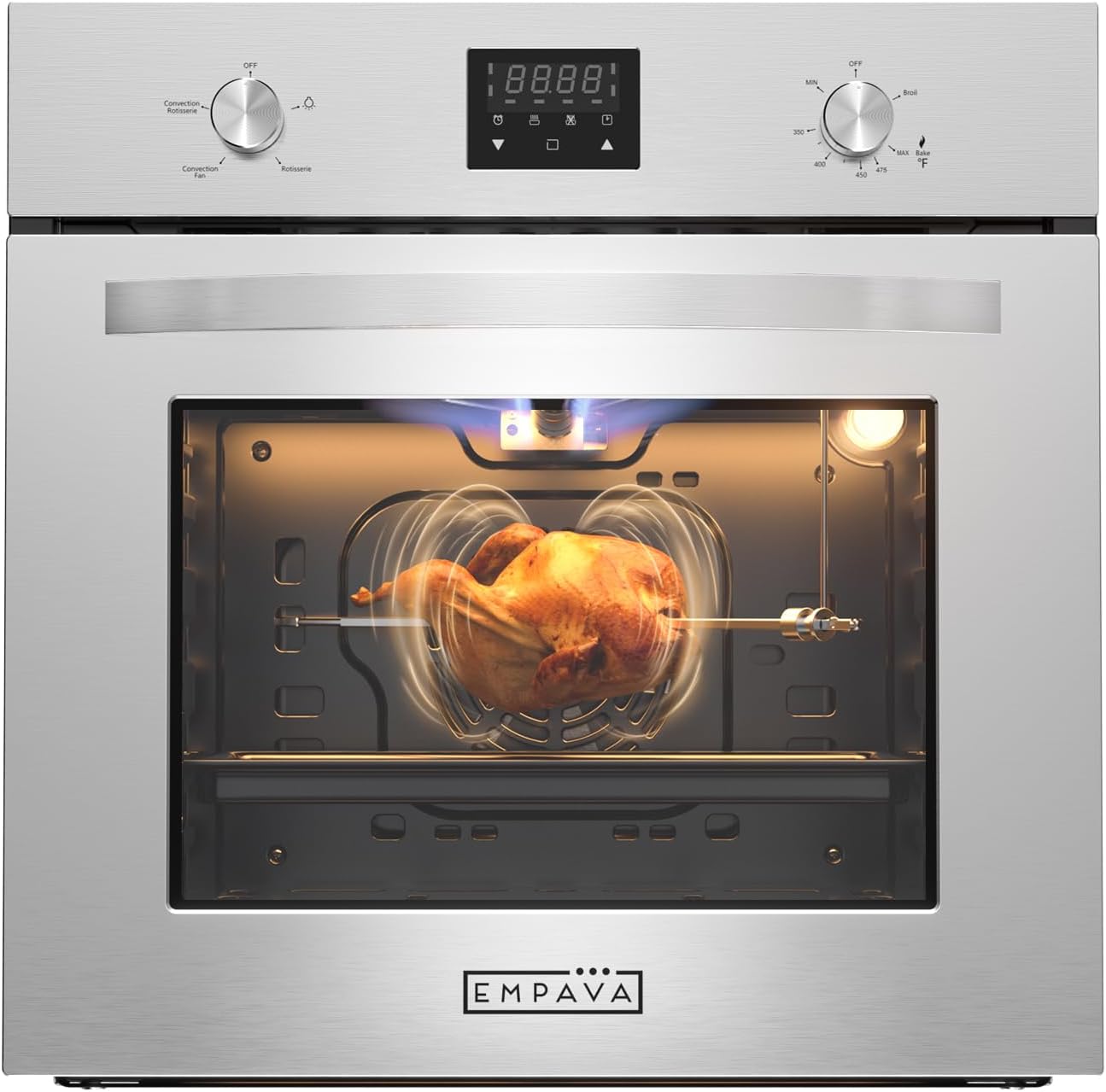 Empava Single Liquid Propane Gas Wall Oven 24 in. 2.3 cu. Ft. Bake Broil Rotisserie Functions with Mechanical Controls and Digital Timer and Convection Fan in Stainless Steel, Silver, 24inches