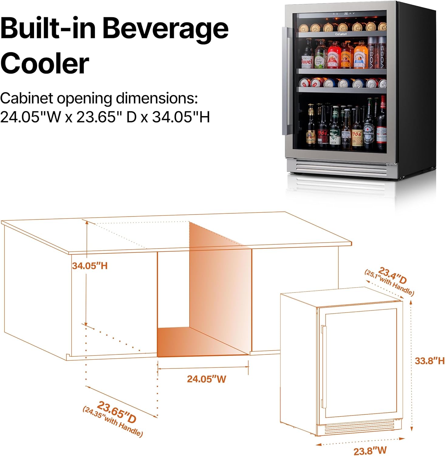 Ca'Lefort 24 Inch Beverage Refrigerator - 180 Can Beverage Fridge with 34°-54°F, Built in or Freestanding Beverage Cooler with Glass Door and 3 LED, Drink Fridge for Home/Kitchen(5.65 cu.ft)