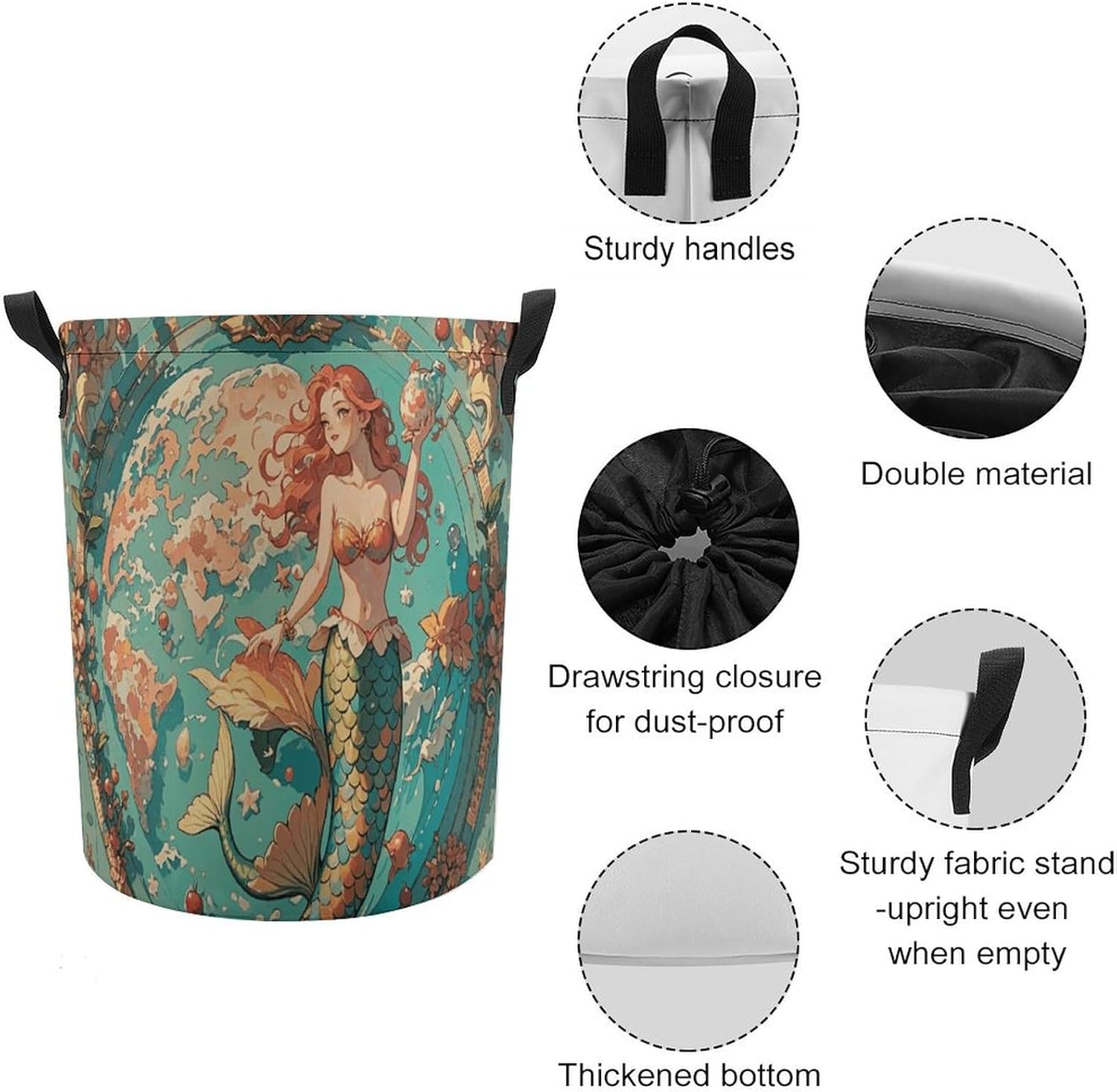 Vintage Outer Banks Map with Mermaids Laundry Bag Round Laundry Basket Collapsible Hamper with Handles Drawstring Closure Waterproof Storage Basket Dirty Clothes Organizer for Bedroom Bathroom Dorm 17