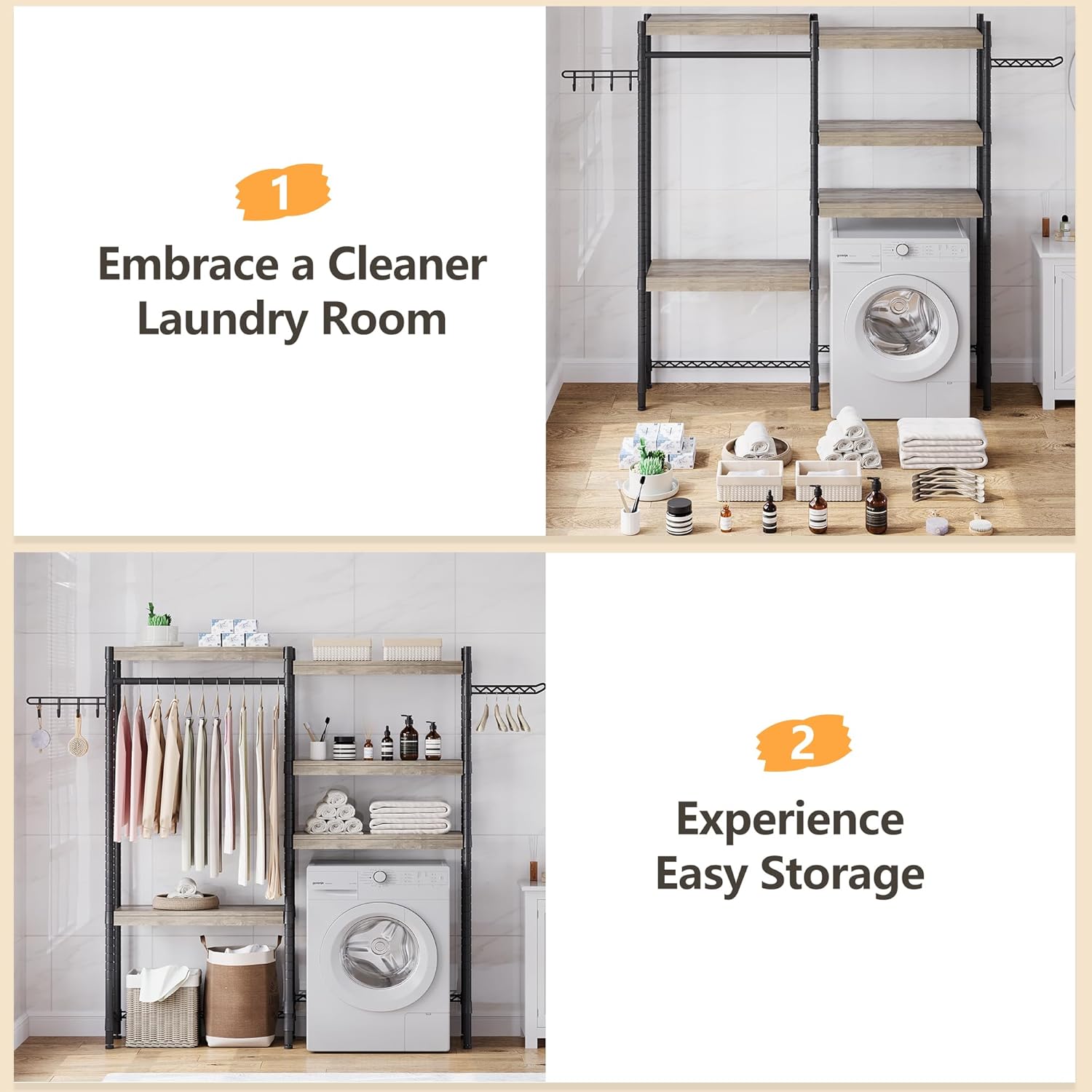 IDEALHOUSE Laundry Room Organization and Storage,5 Tier Wood Over The Washer and Dryer Storage Shelf with Drying Clothes Racks,Space Saver Heavy Duty Bathroom Laundry Shelf for Home Storage and Decor