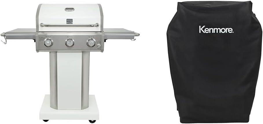 Kenmore 3-Burner 30,000 BTU Outdoor Propane Gas Grill with Folding Sides, 512 in2 Cooking Surface, Cast Iron Grates, Built-In Thermometer and Kenmore 33 in Grill Cover