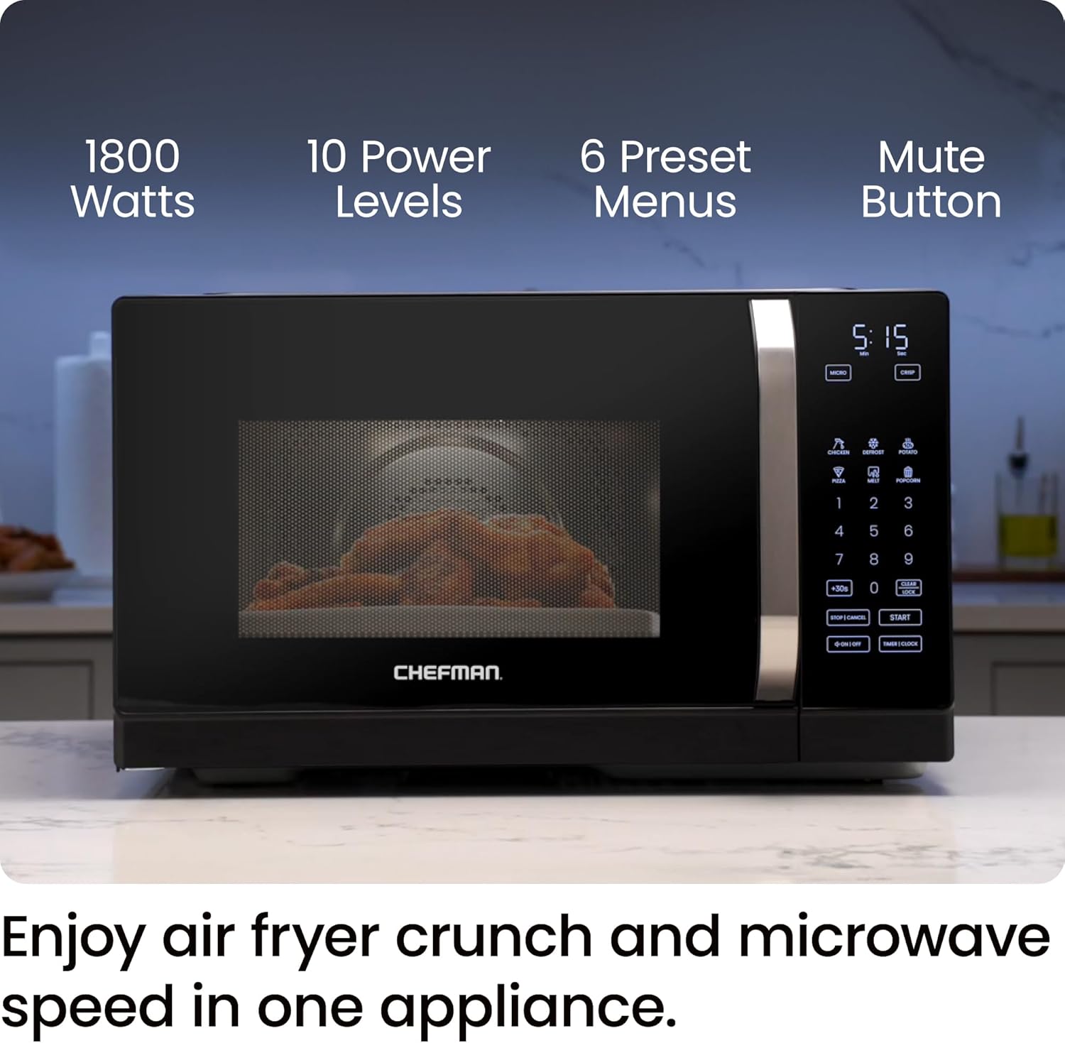Chefman MicroCrisp Countertop Microwave Oven and Convection Oven, with Integrated Crisper, Guided Touchscreen Interface, 10 Power Levels, Mute Function, and Eco Mode, 1800W and 0.8 Cu. Ft. - Black