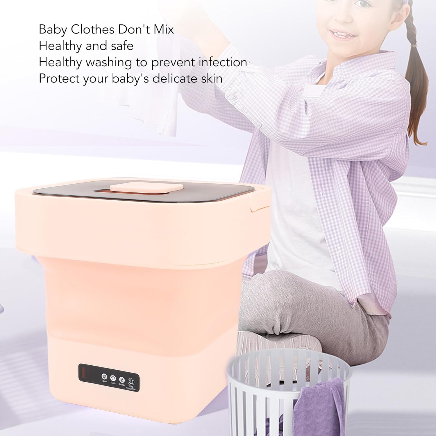 Portable Washing Machine, 10L Fully Automatic Spin Drying Function Foldable Mini Clothes Washer for Underwear Baby Clothes Basket Laundry Machine for Travel, Apartment (US + ROSE)