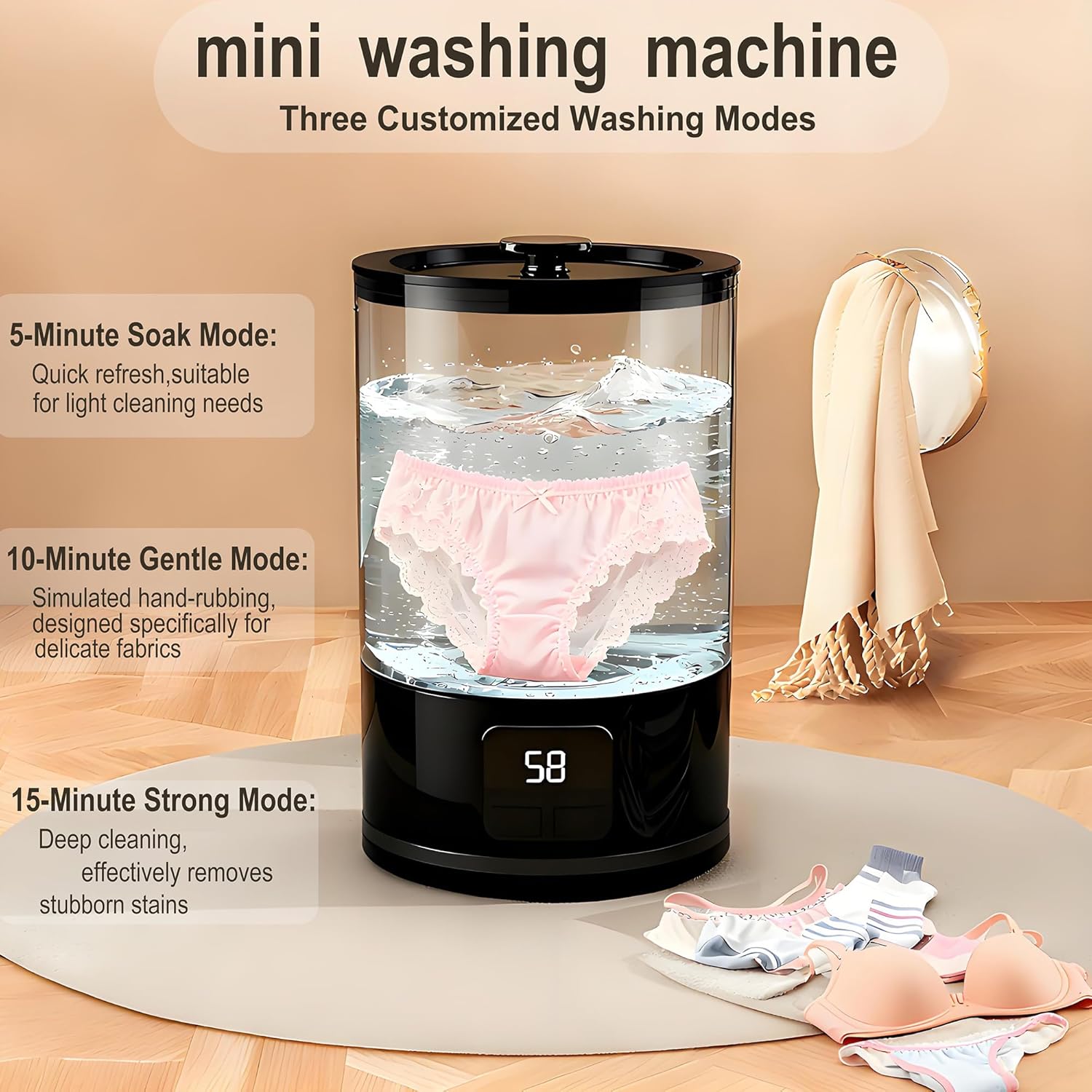 Underwear Washer, Portable Mini Washing Machine, Rechargeable small washing machine for Socks, Bras, Baby Clothes | Suitable for Travel & Dorm Use(black)