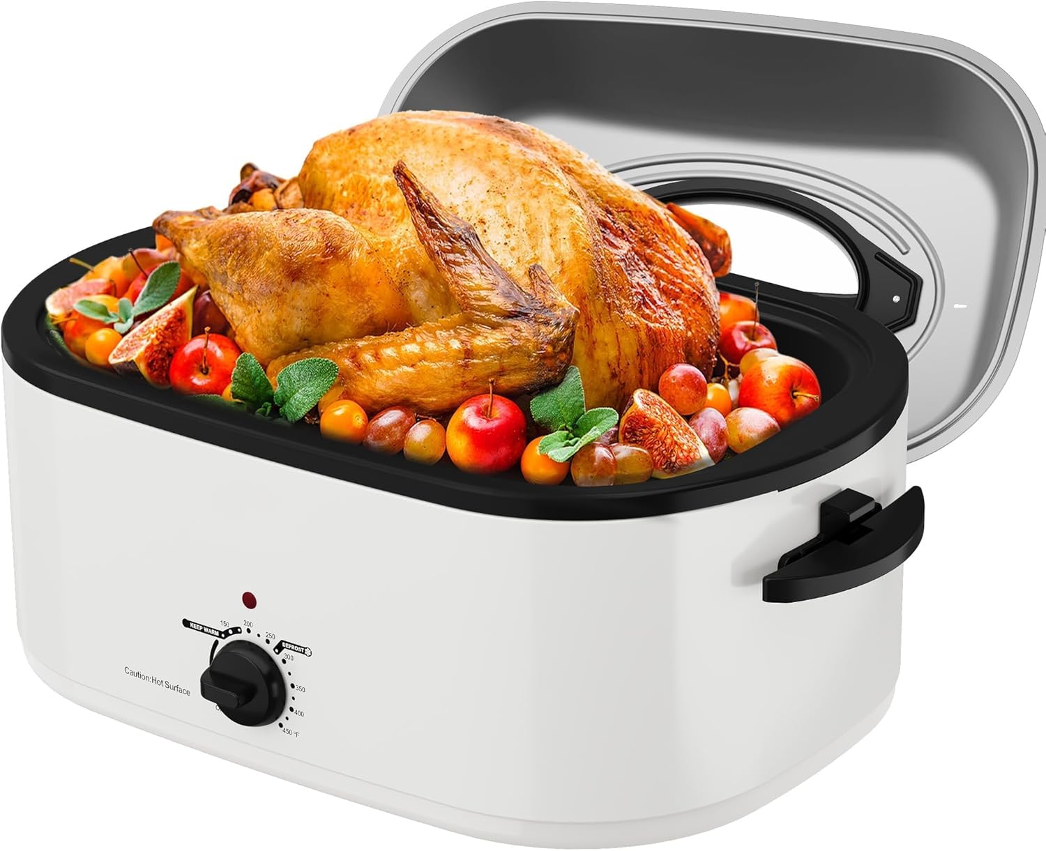 Sunvivi 24 Quart Electric Roaster Oven with Visible Self-Basting Lid, Turkey Roaster Oven with Removable Pan and Rack, Perfect for Large Meals and Holiday Feasts, White