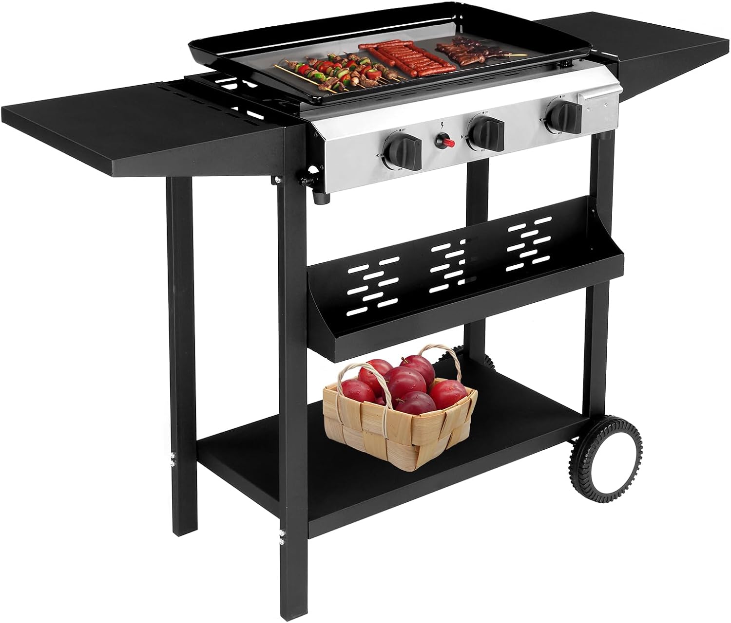 Flat Top Propane Grill, 3-Burner with Removable Griddle, 30,000 BTU, 2-Wheel Stand