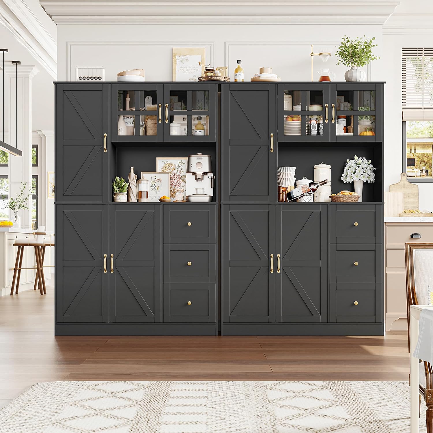 FINETONES Farmhouse Pantry Cabinet, Kitchen Pantry Storage Cabinet with Microwave Stand, Ktichen Hutch Food Pantry Cabinet with Open Countertop and Adjustable Shelf for Kitchen Dining Room, Black