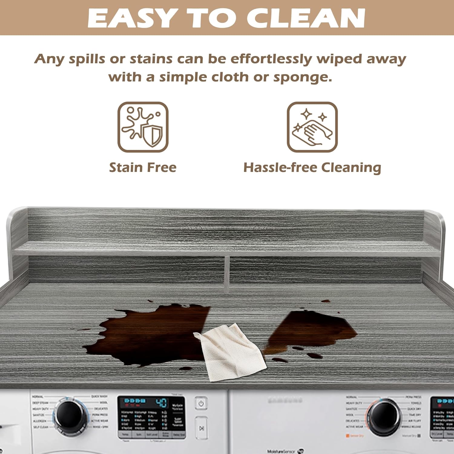 Royxen Laundry Countertop with 2-Tier Shelf Universal Fit, Washer and Dryer Countertop with Storage Space, Shelf Height 11.5 Inches, Solid Wood Core, Eucalyptus